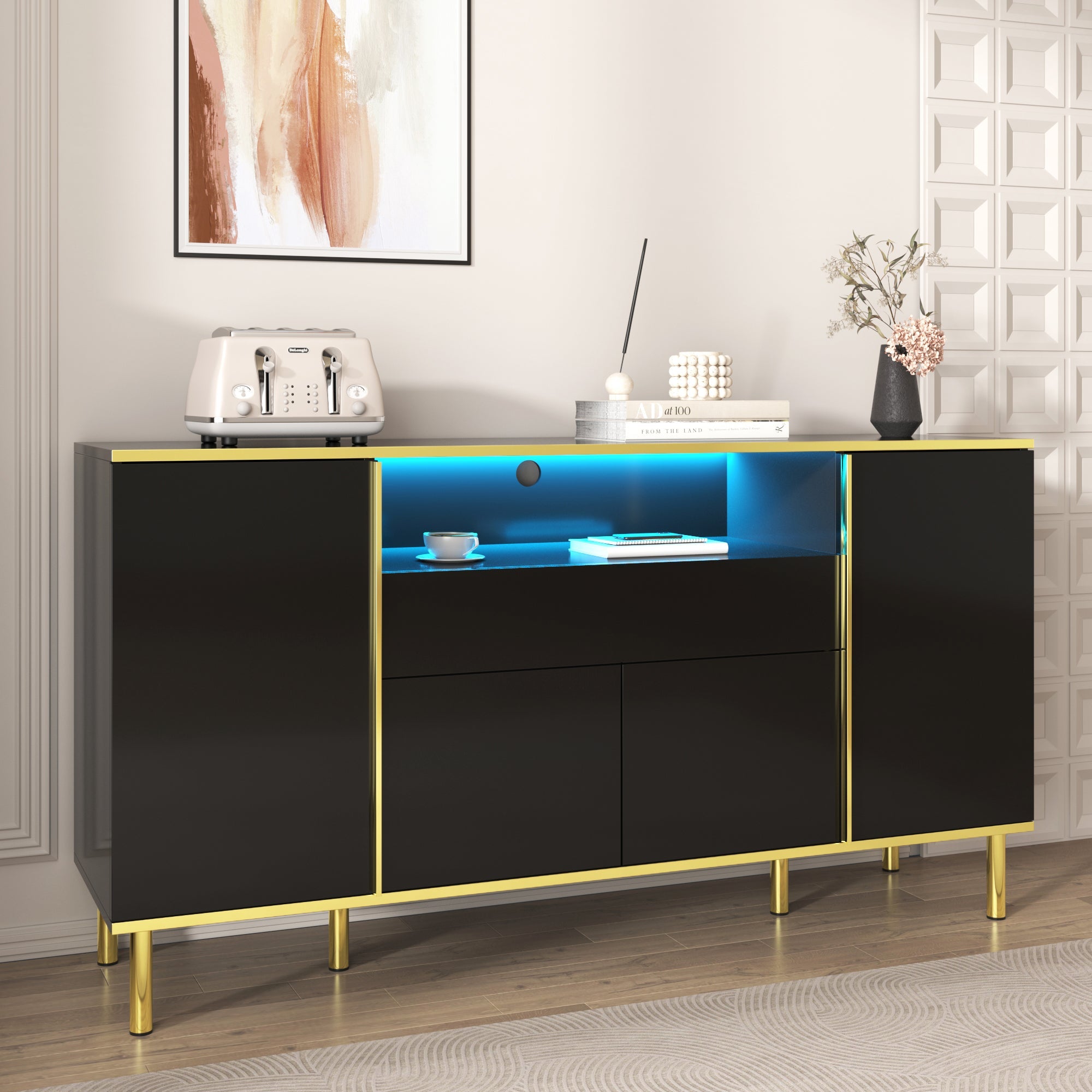 Logidon high-gloss sideboard black 150x40x80 with LED accents
