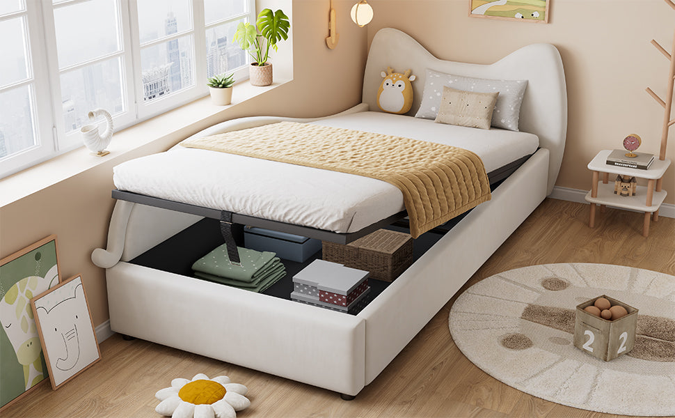 Logidon gestoffeerd kinderbed 90x200 beige kattendesign met opbergruimte
