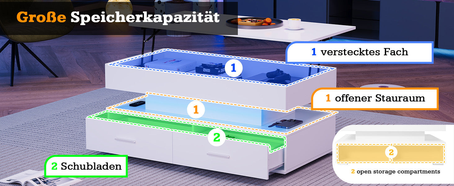 Logidon Hydraulisch in hoogte verstelbare salontafel 100x50x44 cm Wit LED