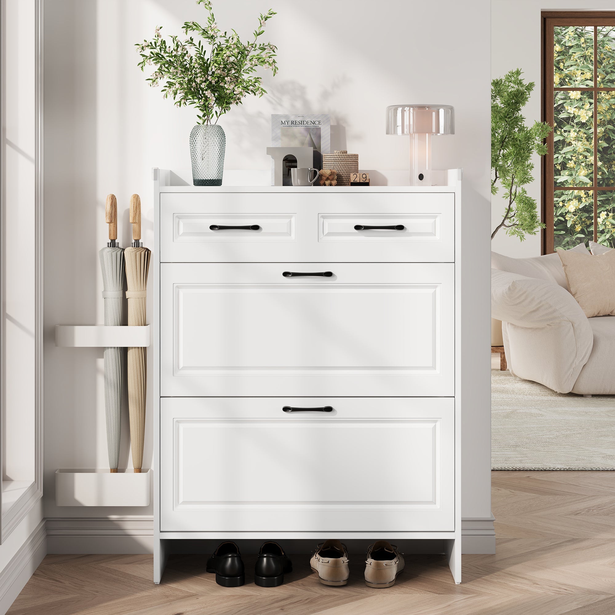 Logidon shoe cabinet white MDF 80 x 34 x 107.5 cm with 4 compartments and 1 drawer