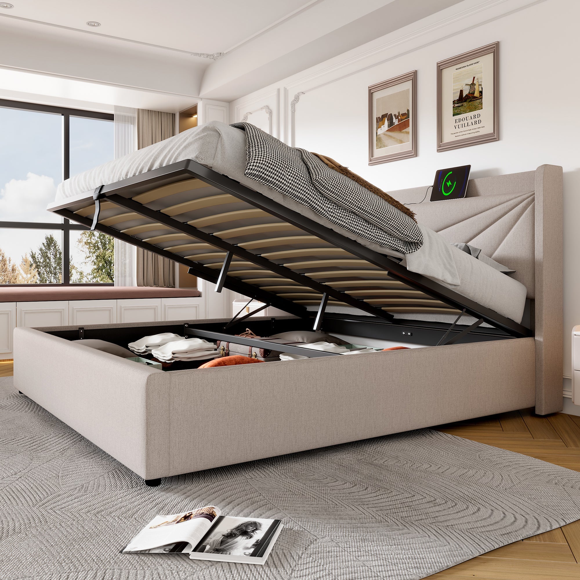 Logidon gestoffeerd bed 160x200 beige met USB Type C oplaadfunctie opbergruimte