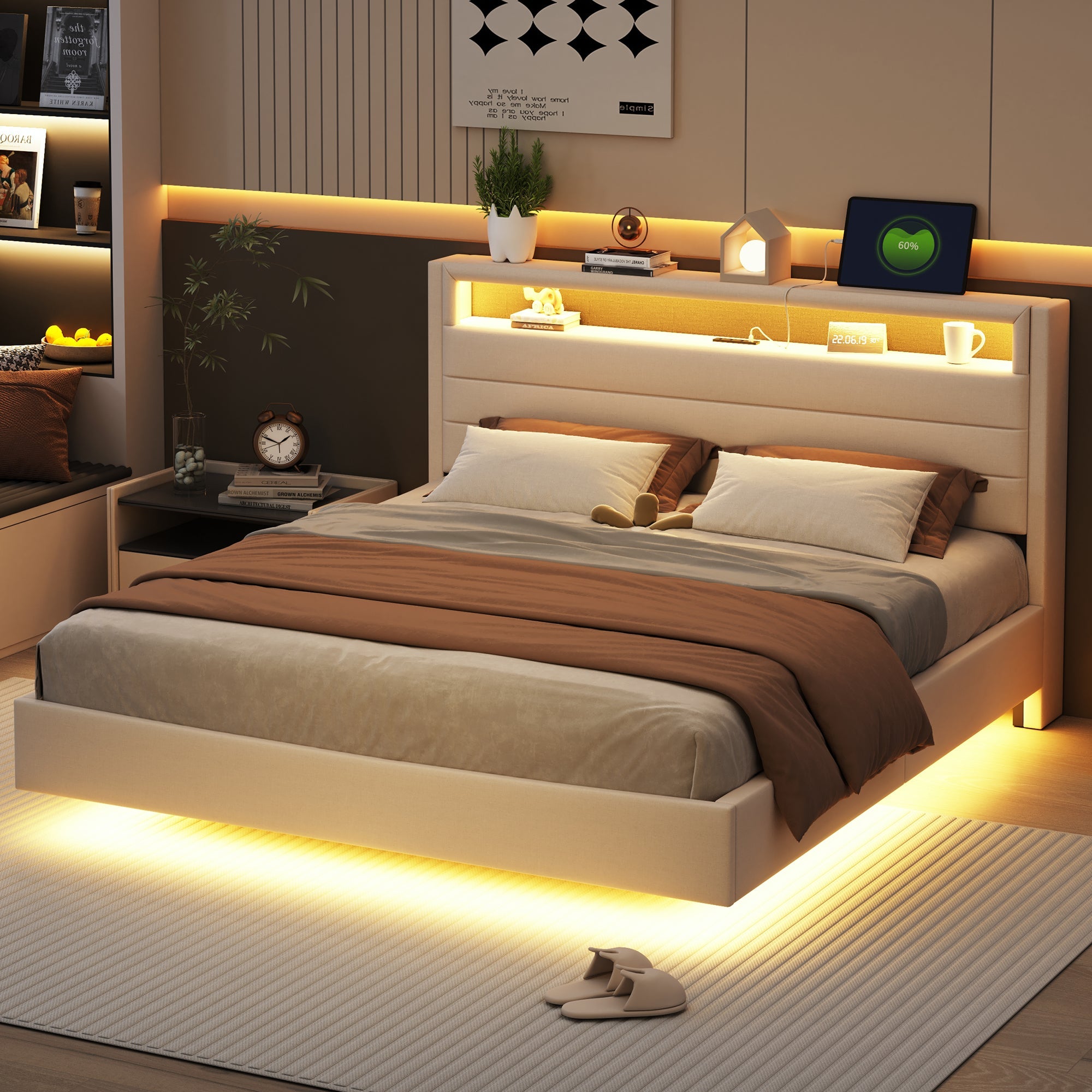 Logidon gestoffeerd bed 160x200 beige met USB-aansluiting en LED-verlichting