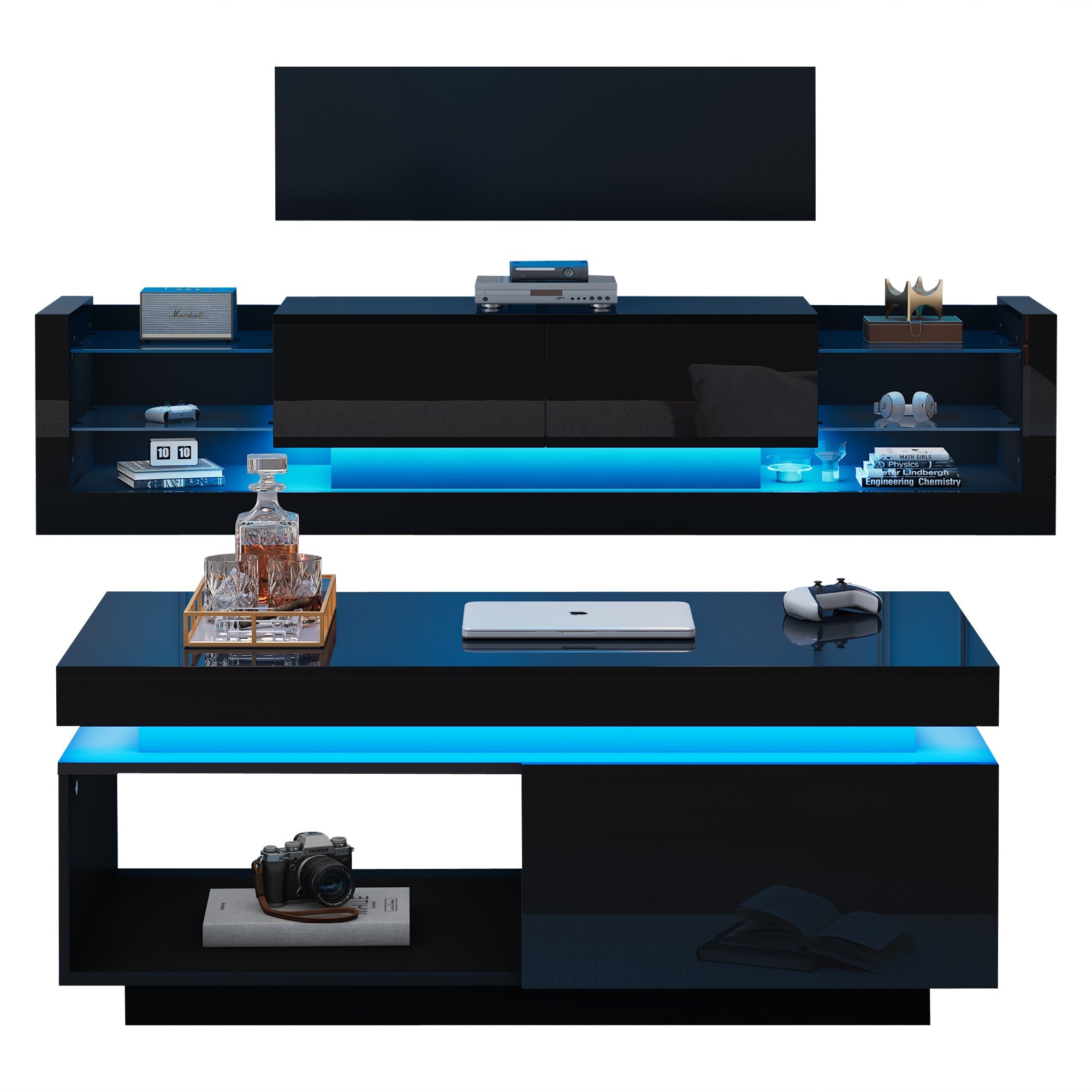 Logidon TV wall cabinet set black high gloss with LED lighting 181cm