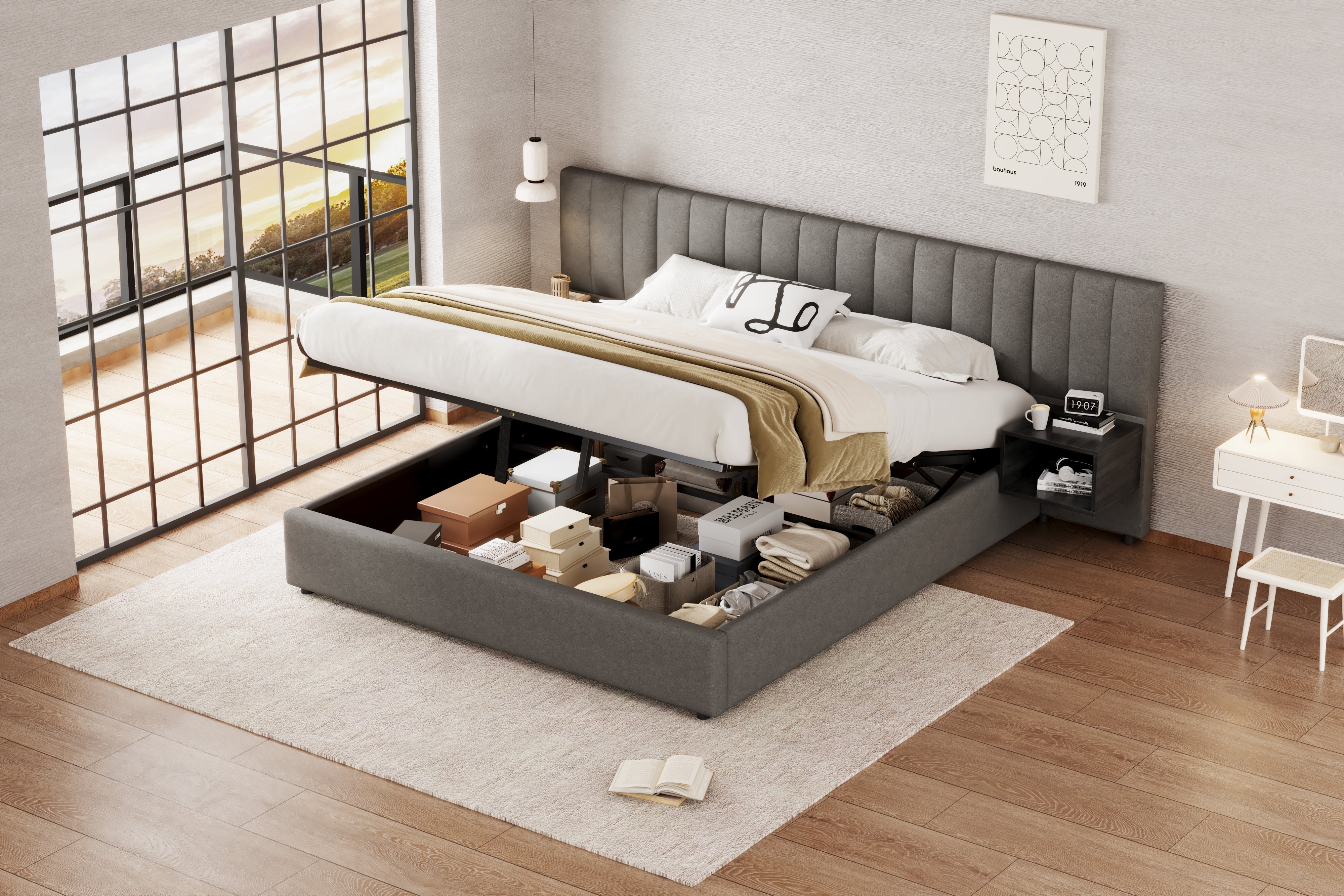 Logidon gestoffeerd bed 180x200 cm grijs zwart met twee nachtkastjes