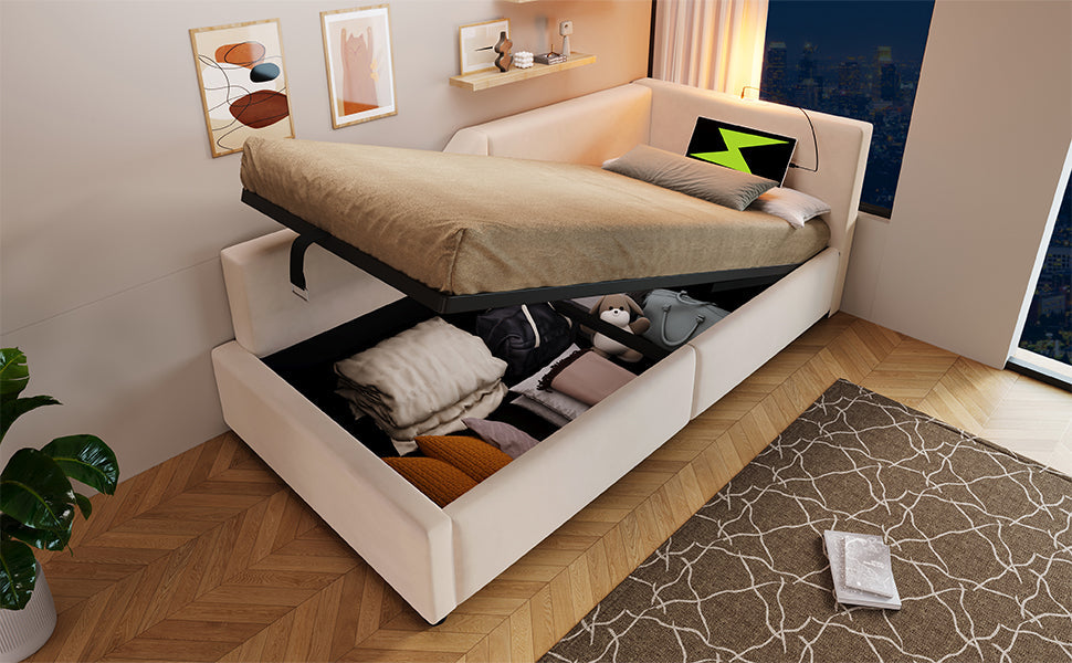 Logidon gestoffeerd bed 90x200 beige fluweel met opbergruimte USB oplaadfunctie