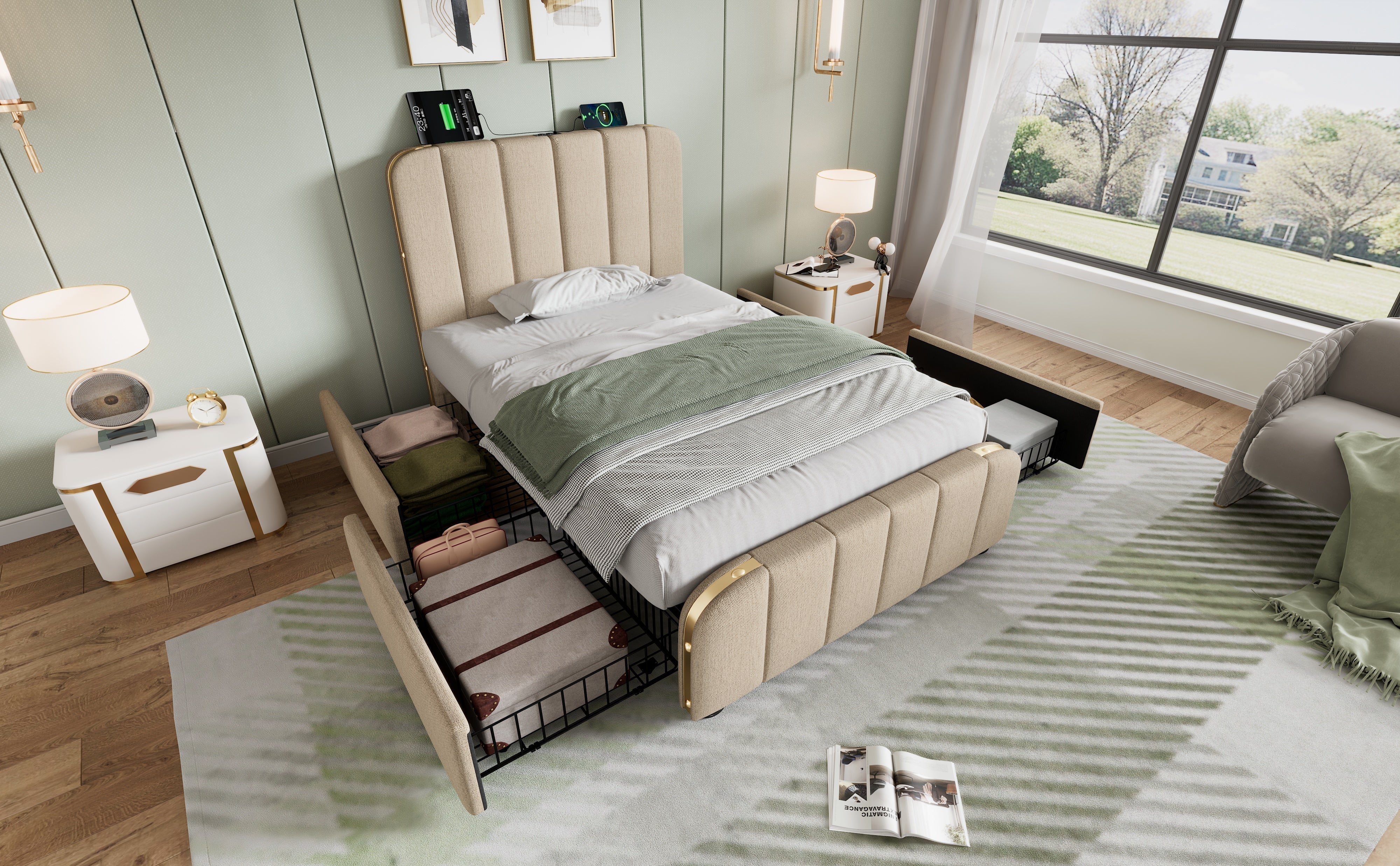 Logidon gestoffeerd bed 90x200 beige USB Type C oplaadfunctie 4 lades