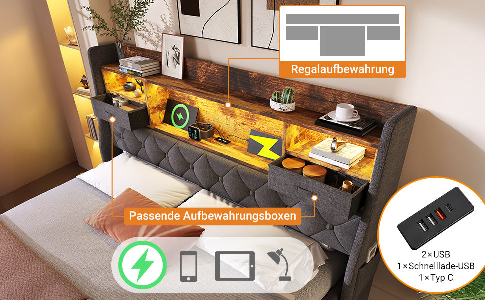 Logidon gestoffeerd bed 160x200 cm met opbergruimte, LED-hoofdbord, USB-C