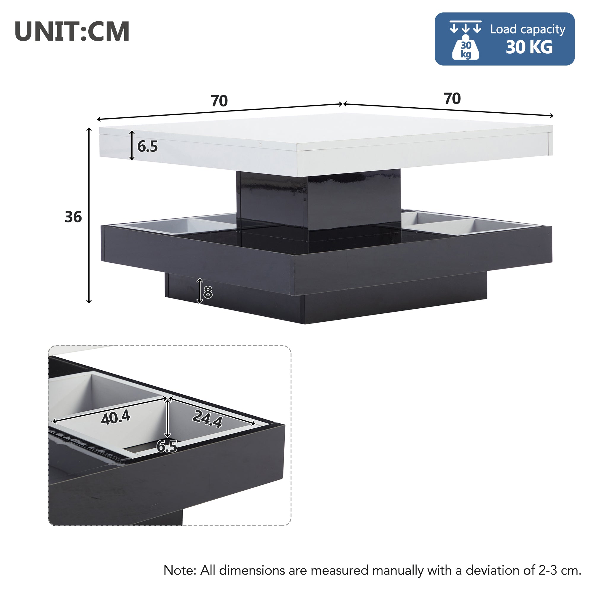 Logidon Draaibare Salontafel Wit Blad Zwart Onderstel 70x70x36