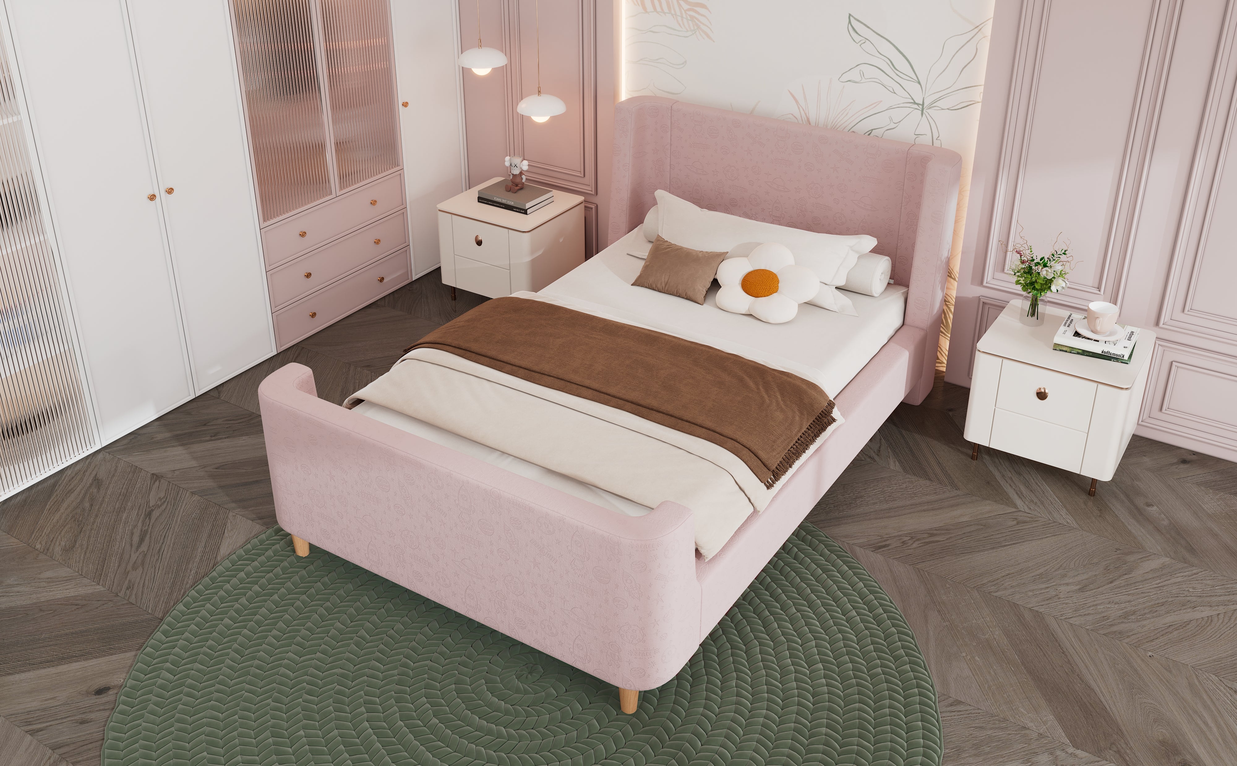 Logidon kinderbed gestoffeerd bed 90x200 roze fluweel sleebed Kosmos