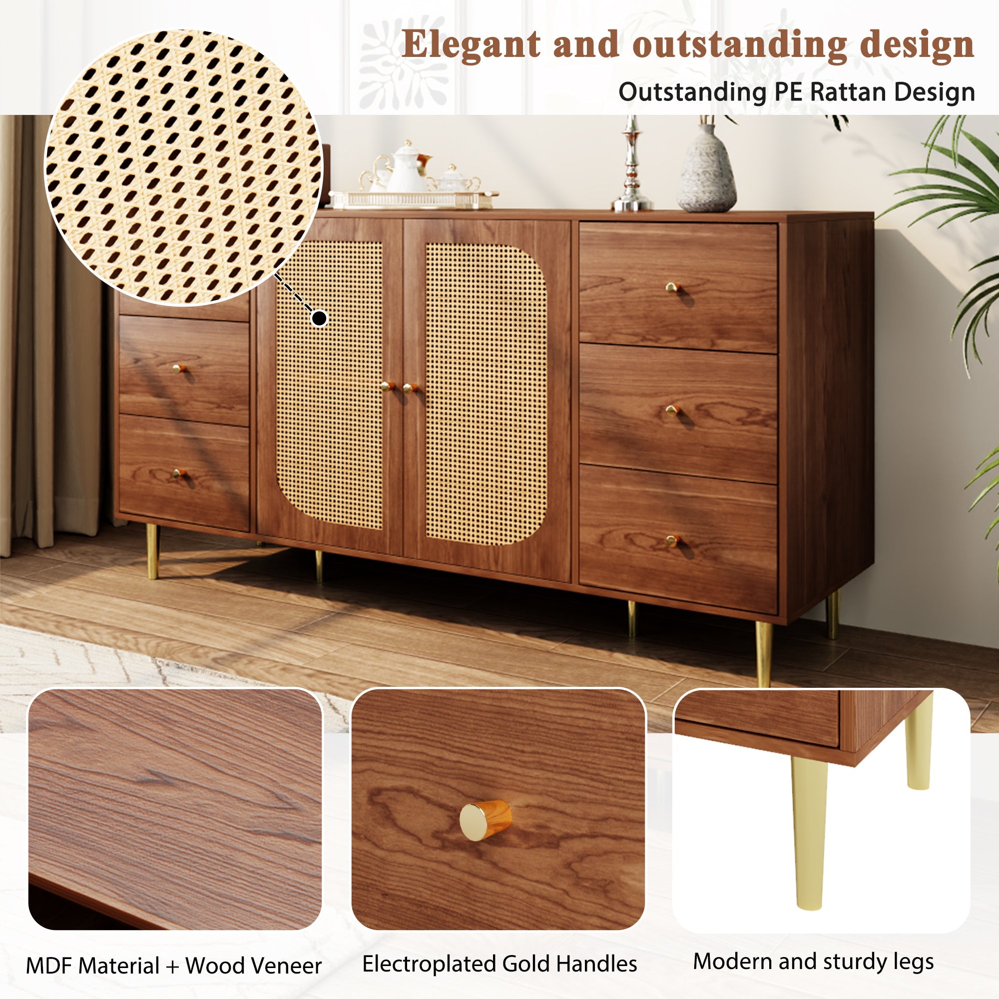 Logidon Rotan Dressoir Bruin 160x40x90 cm met Lade