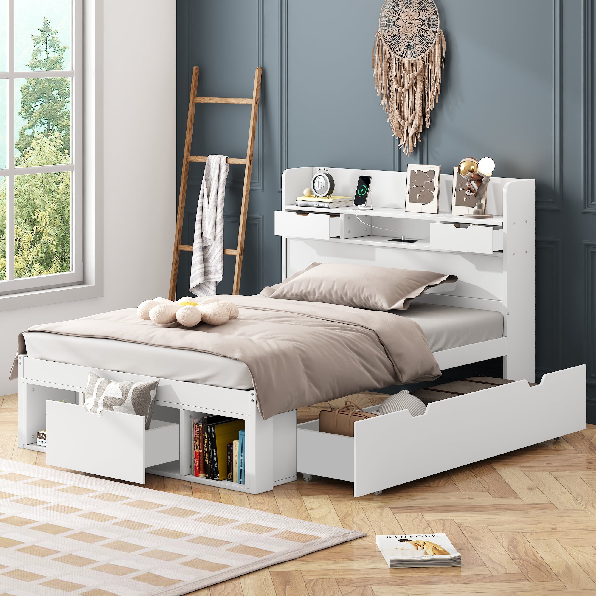 Logidon jeugd- en kinderbed 90x190 cm met USB poort opbergruimte wit