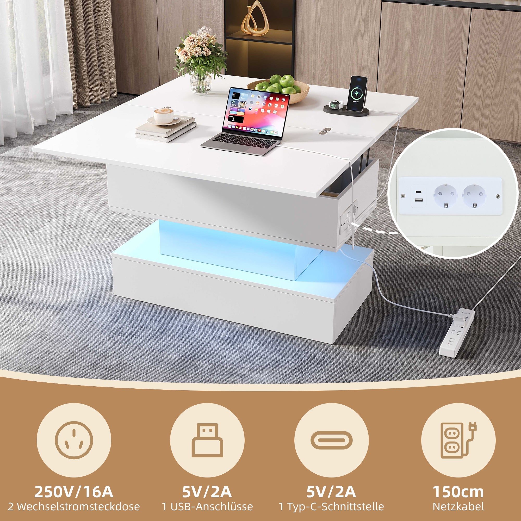 Logidon salontafel met USB-C oplaadaansluiting en LED-licht, in hoogte verstelbaar