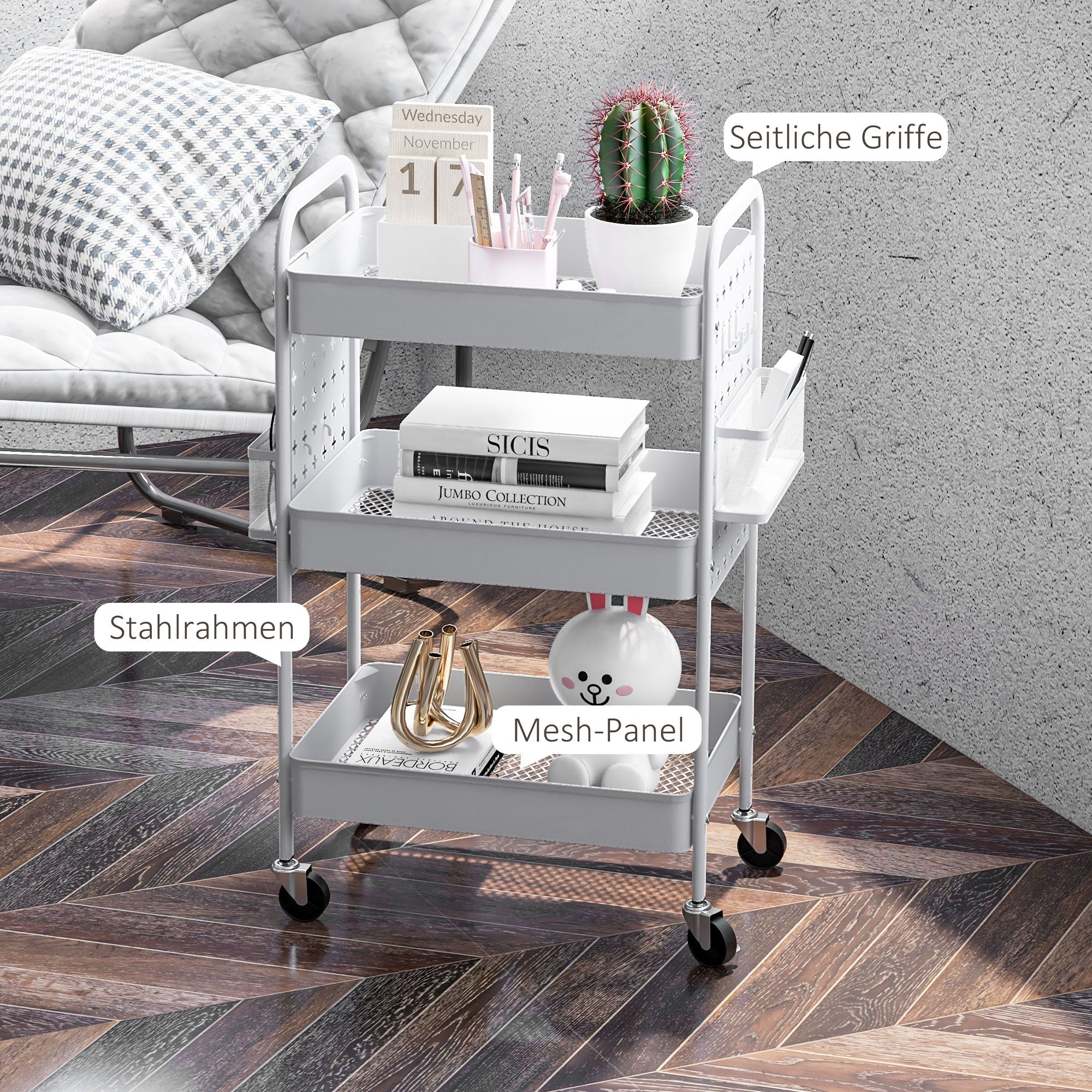 Logidon serveerwagen trolley met 3 etages en 2 hangmanden wit