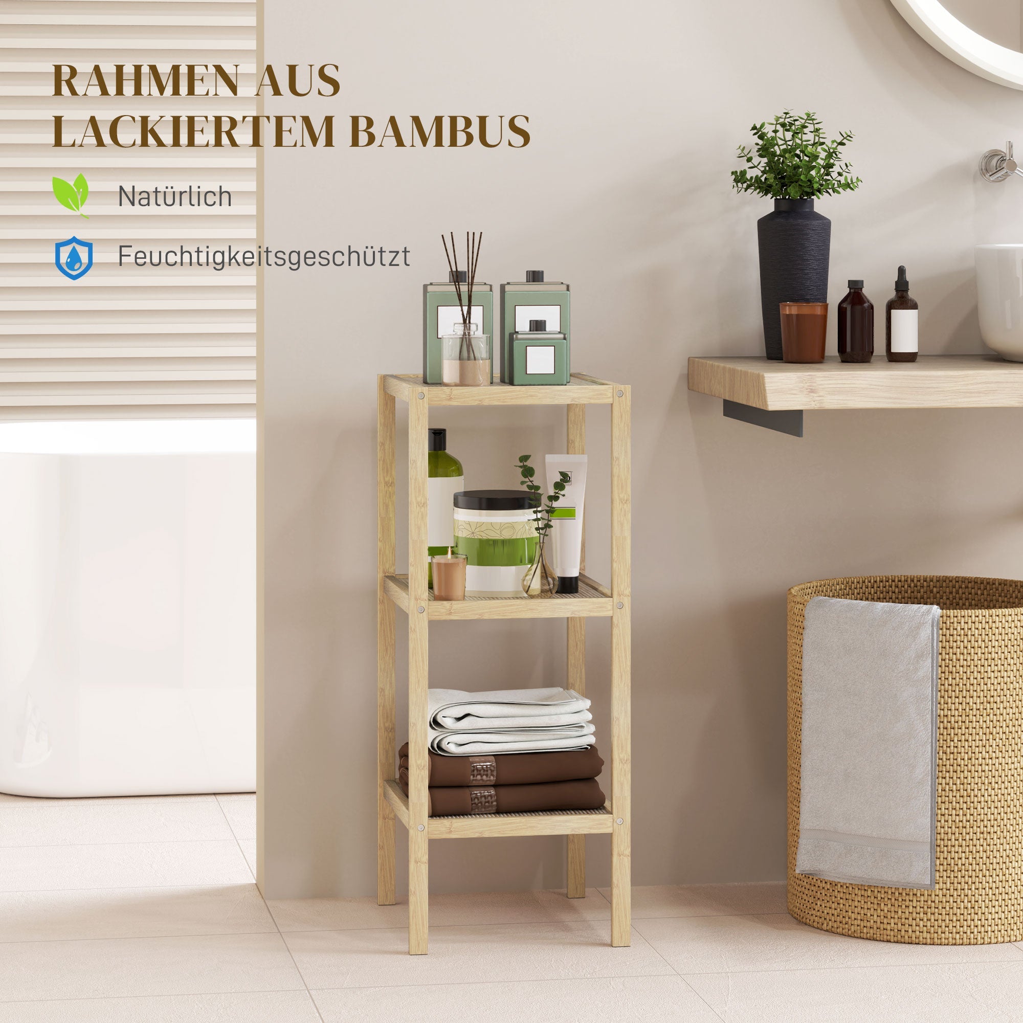 Logidon badkamerplank bamboe staande plank 3 niveaus naturel hout 33x31x78 cm