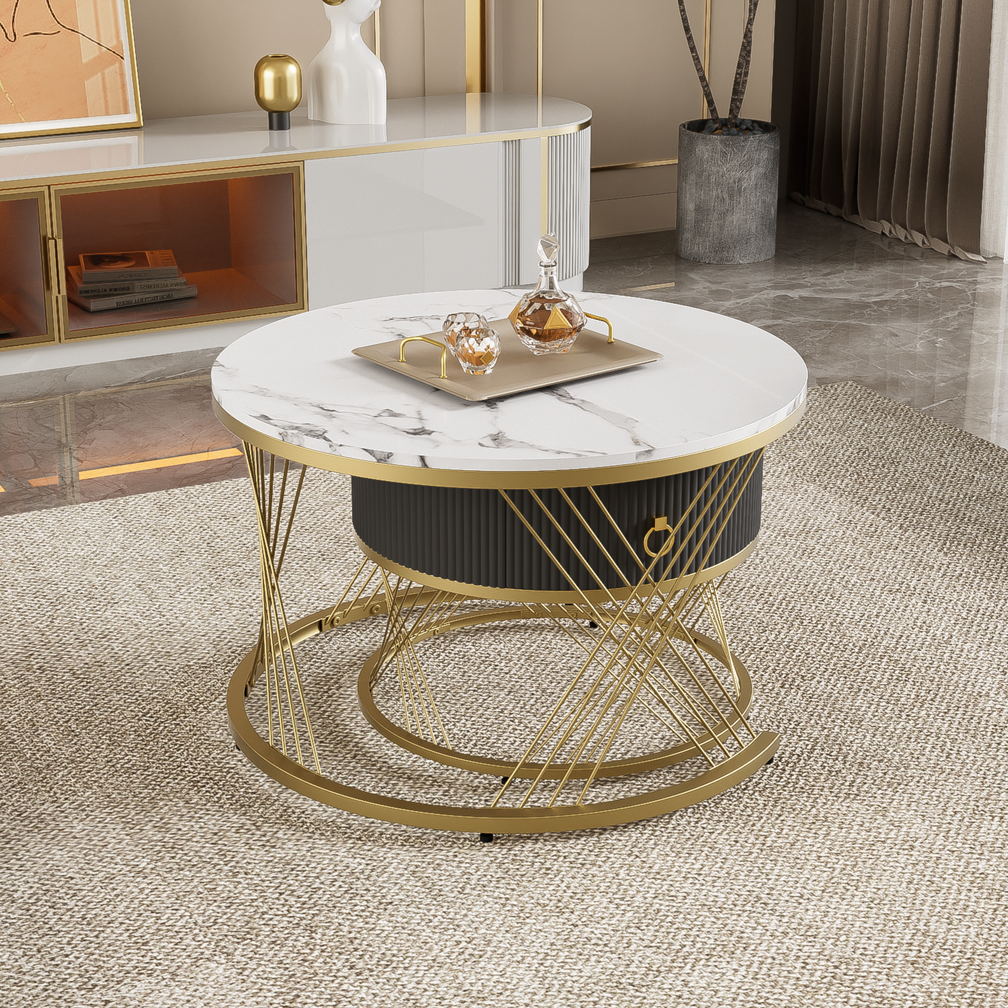 Logidon elegante modulaire salontafelset marmerlook witgoud decor set van 2