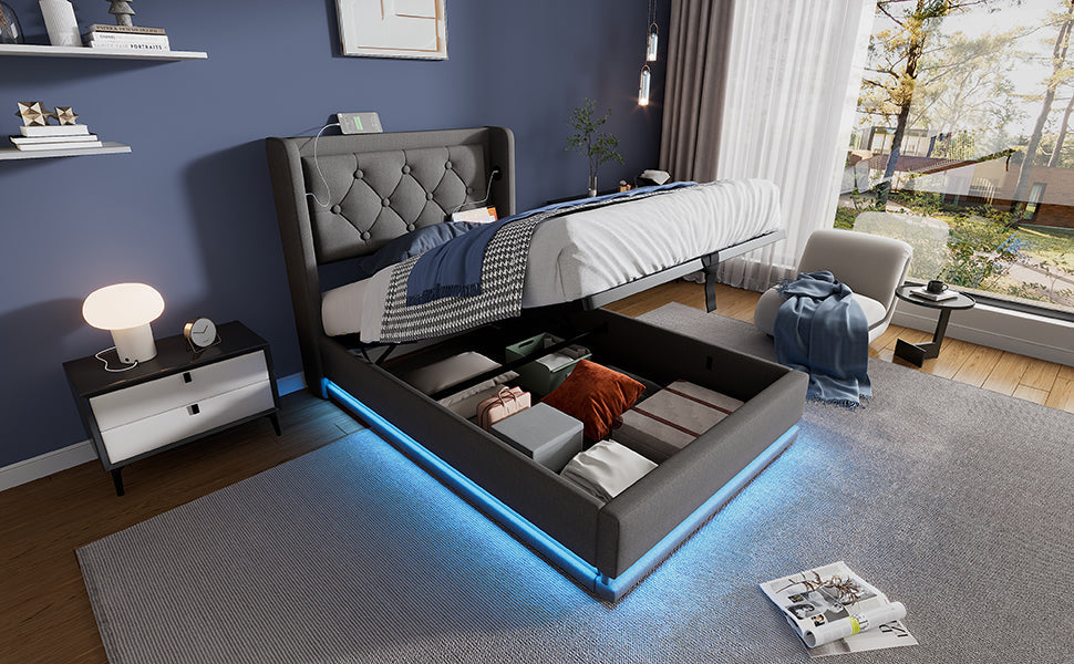 Logidon gestoffeerd bed 90x200 cm grijs met USB-C oplaadfunctie en LED