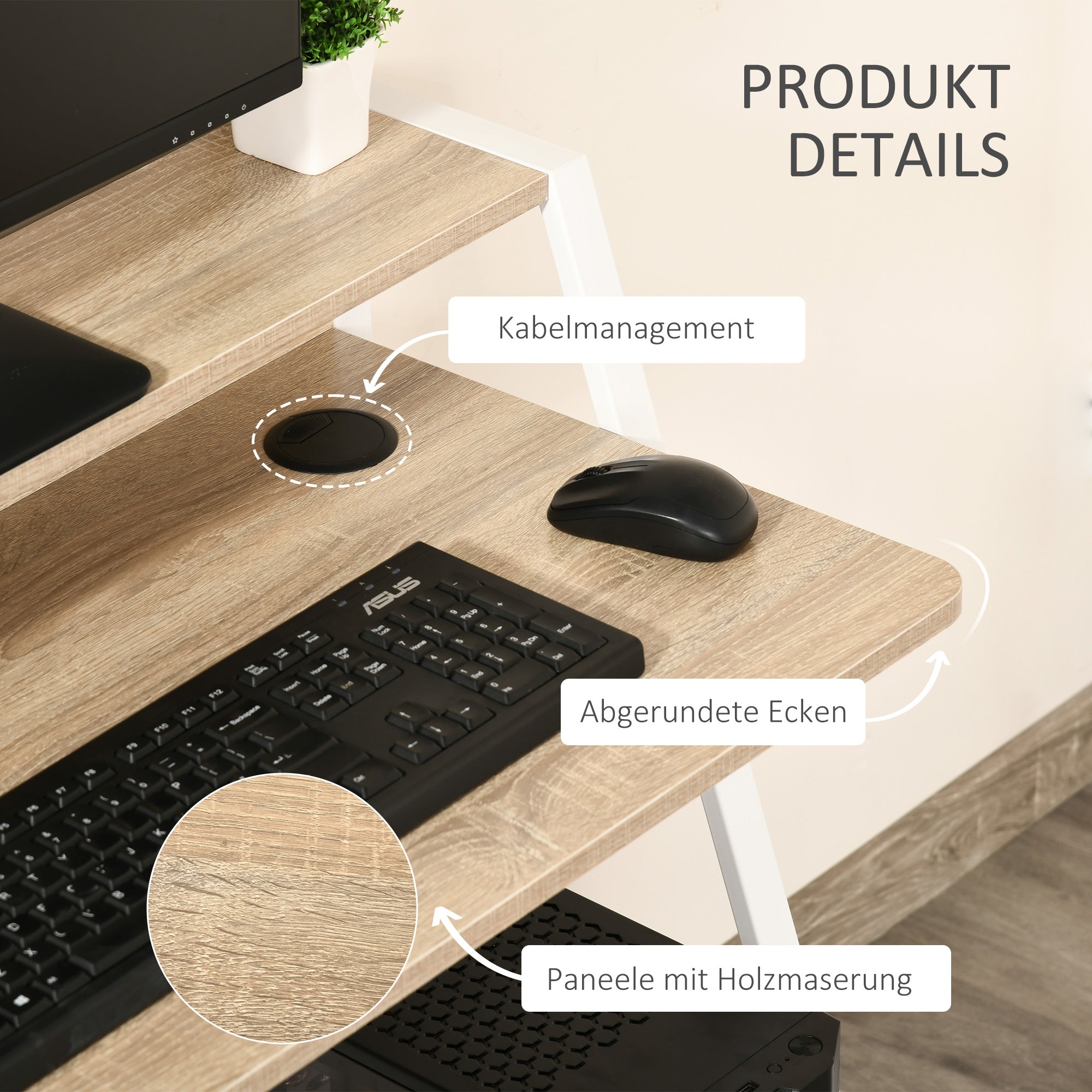 Logidon Bureau 84x45x85 cm Wit Eiken Modern Computerbureau Kabeldoorgang