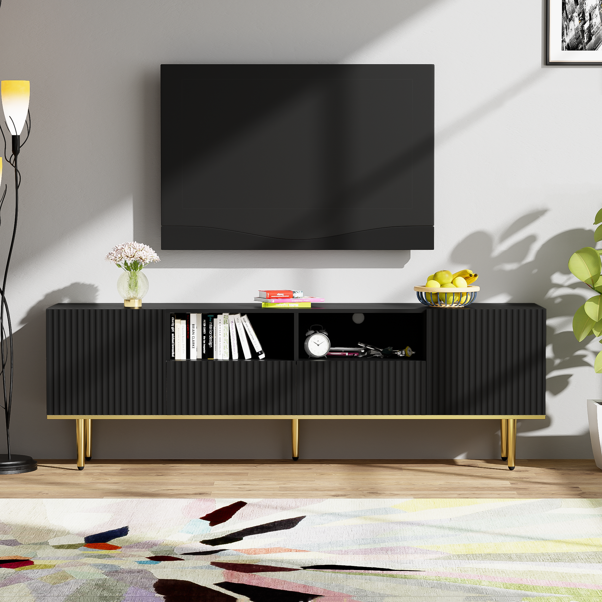 Logidon Modern TV-meubel 165 cm Zwart met Gouden Voeten en Rand
