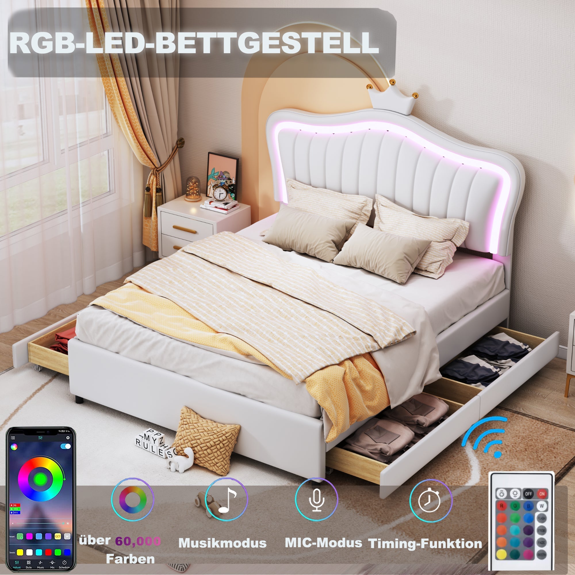 Logidon gestoffeerd bed 140x200 wit kunstleer met LED-verlichting