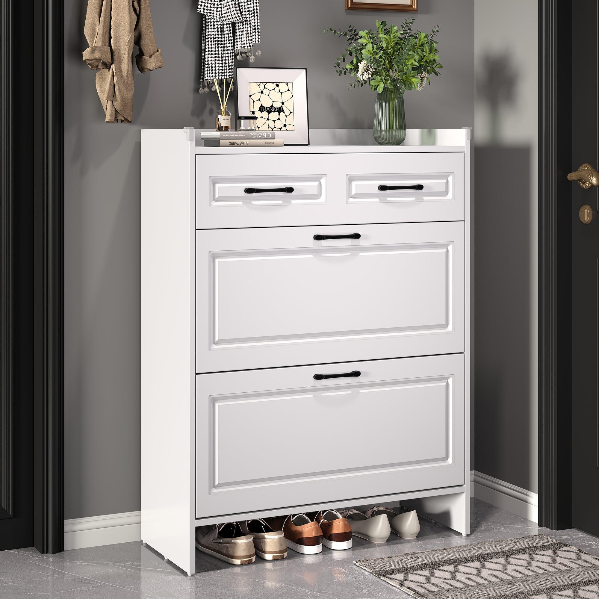 Logidon shoe cabinet white MDF 80 x 34 x 107.5 cm with 4 compartments and 1 drawer