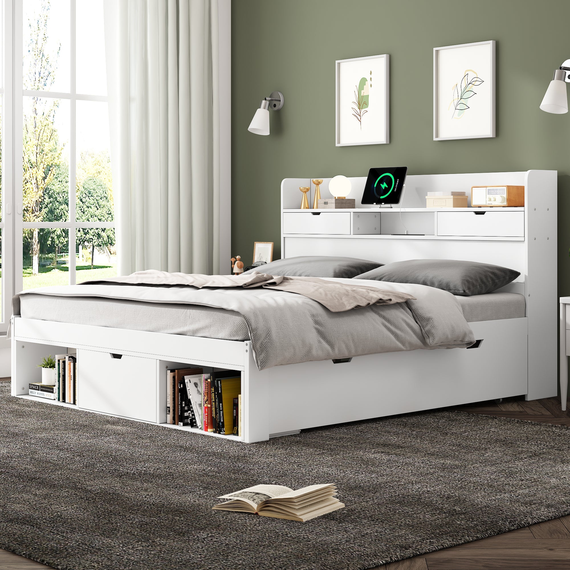 Logidon bed 135x190 cm met USB oplaadpunt en opbergruimte wit