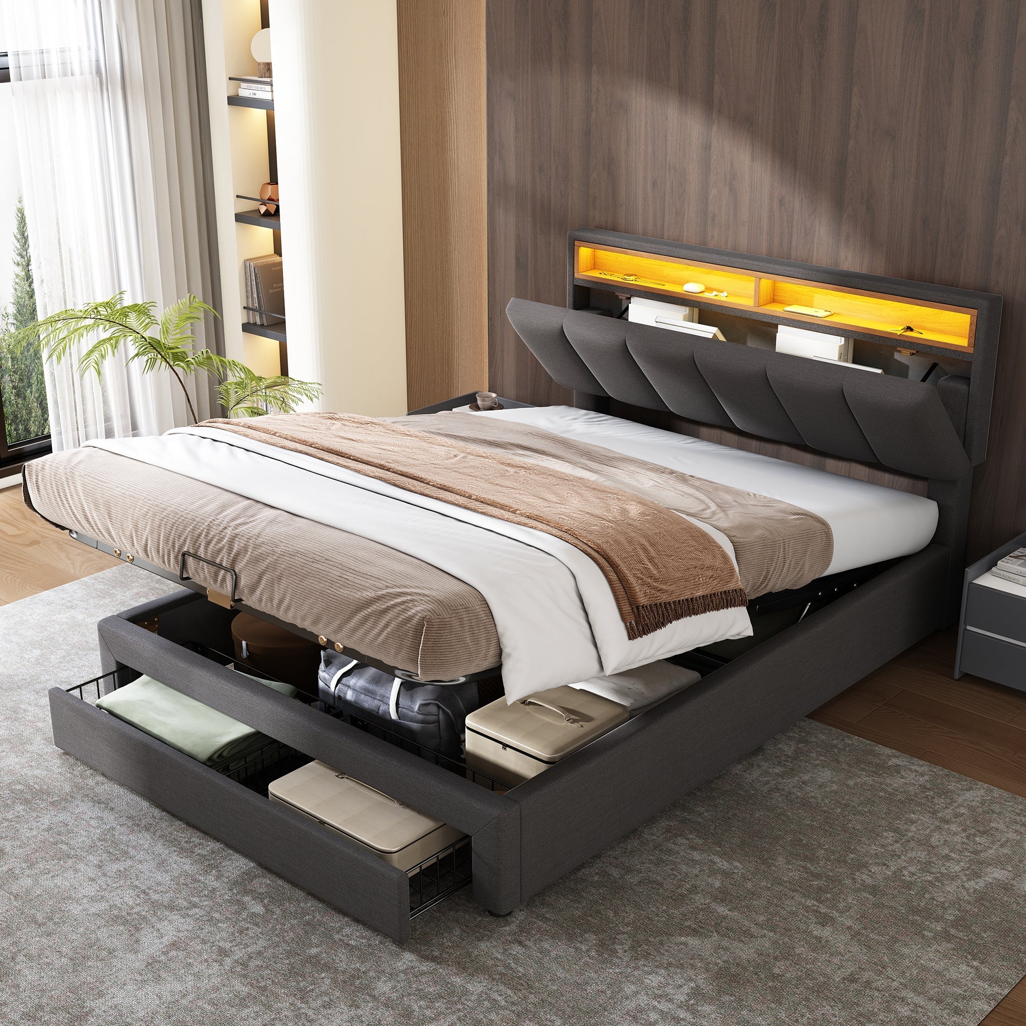 Logidon gestoffeerd bed 140x190 grijs met LED verlichting en opbergruimte