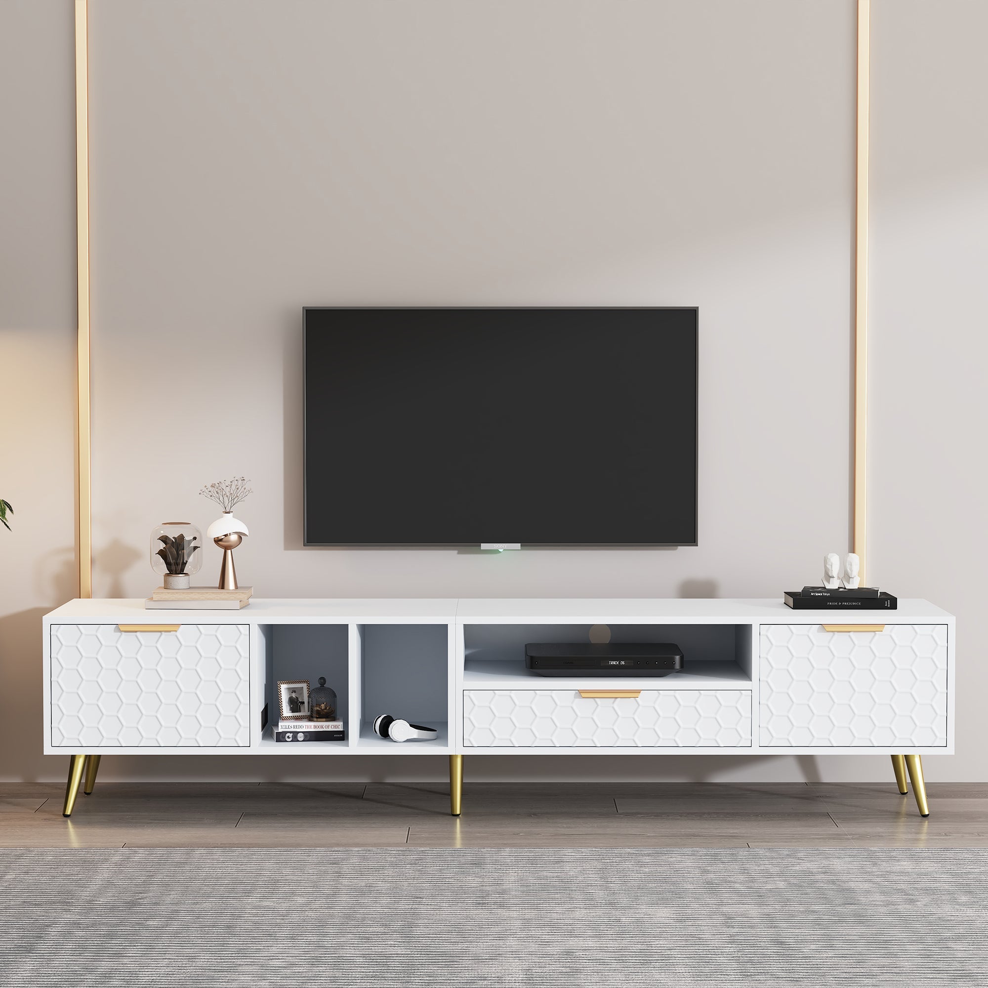 Logidon White TV Stand with Honeycomb Pattern and Storage Space for up to 80 Inches