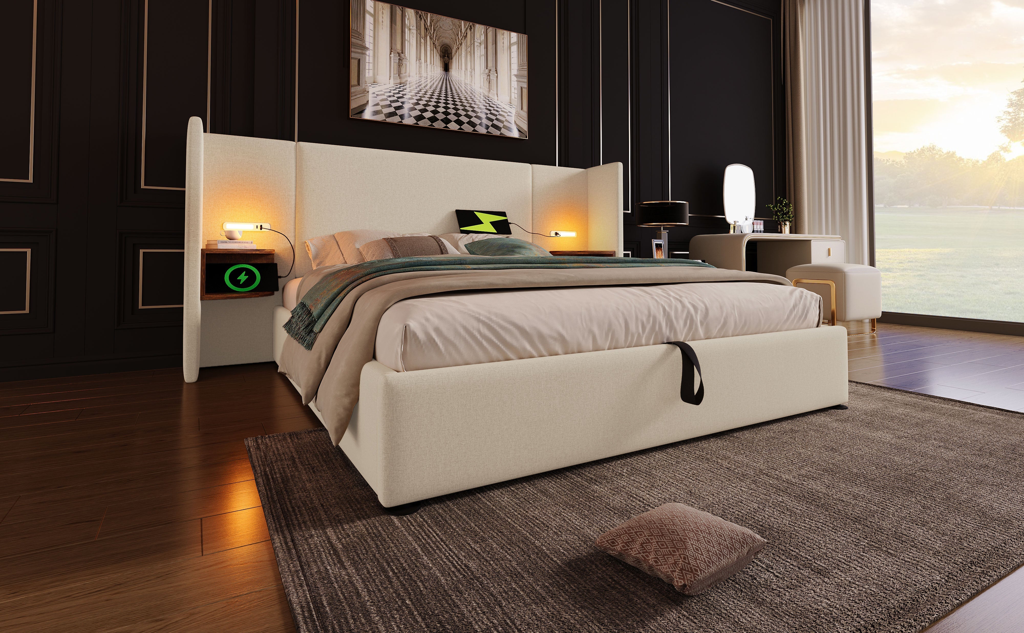 Logidon upholstered bed 160x200 beige with USB C charging function