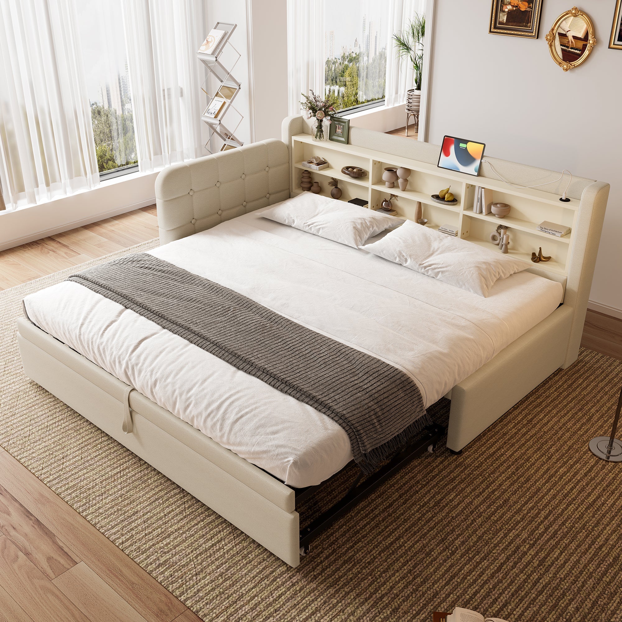 Logidon Daybed 90x200 beige linnen uitschuifbare slaapbank USB Type C