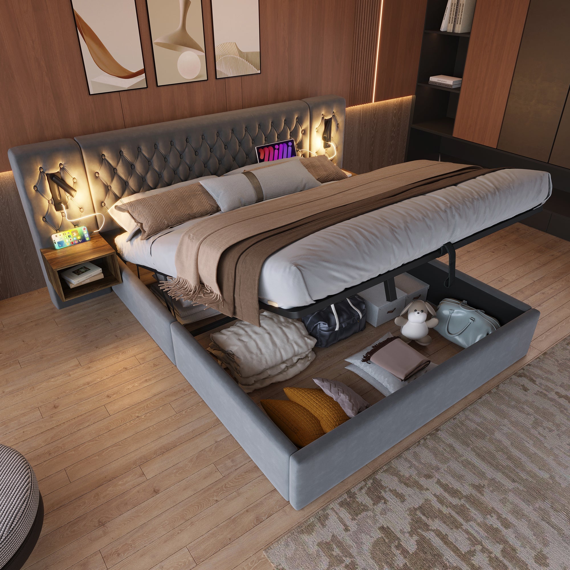 Logidon bed system hydraulic storage bed 160x200 cm gray velvet