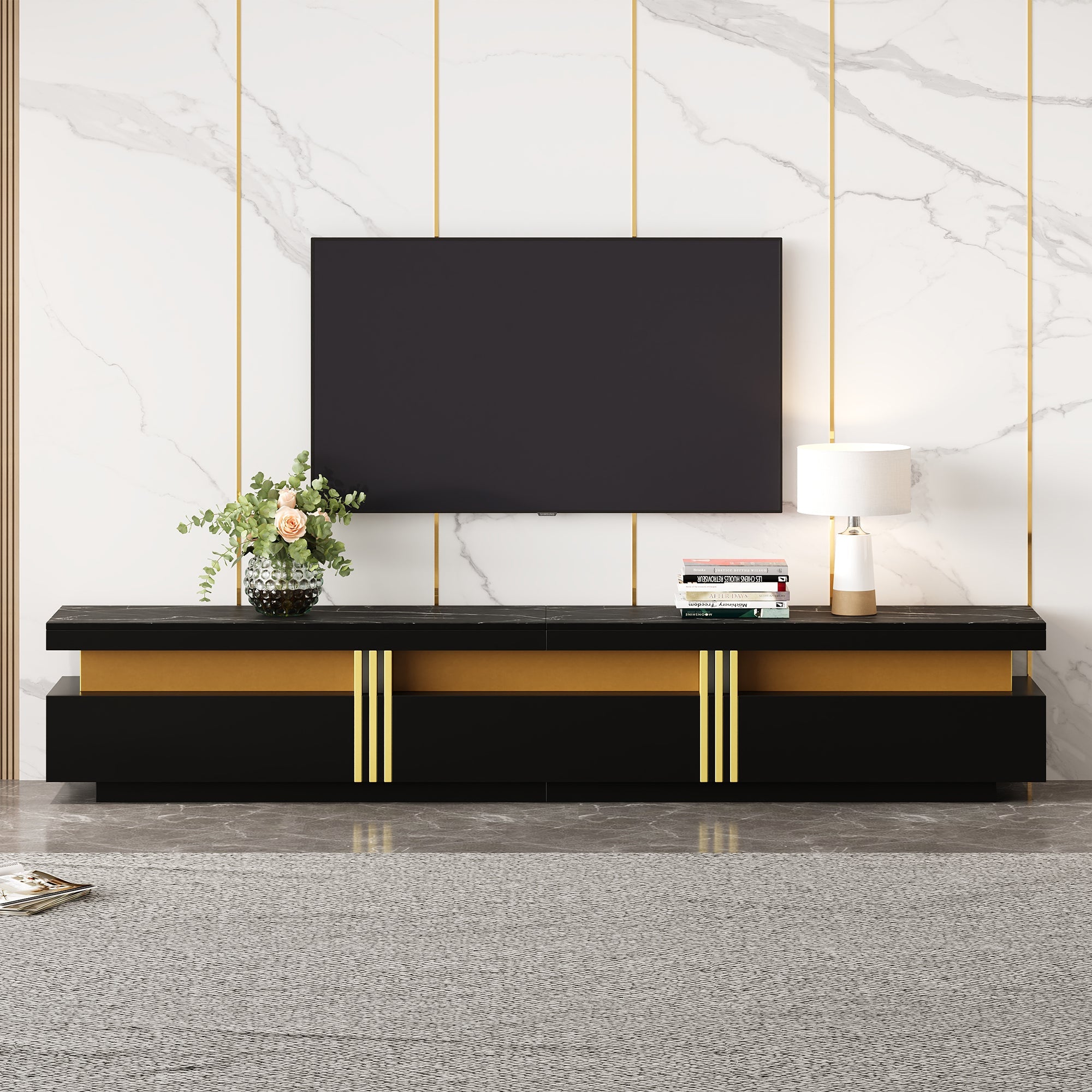 Logidon Modern TV Lowboard Black Marble Look 200 x 40 x 42 cm