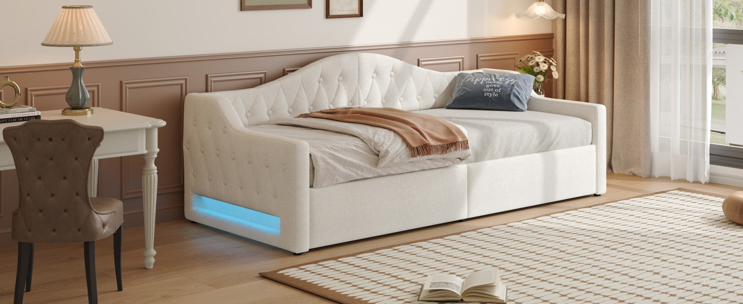 Logidon gestoffeerd dagbed 90x200 beige met opbergruimte met LED-verlichting