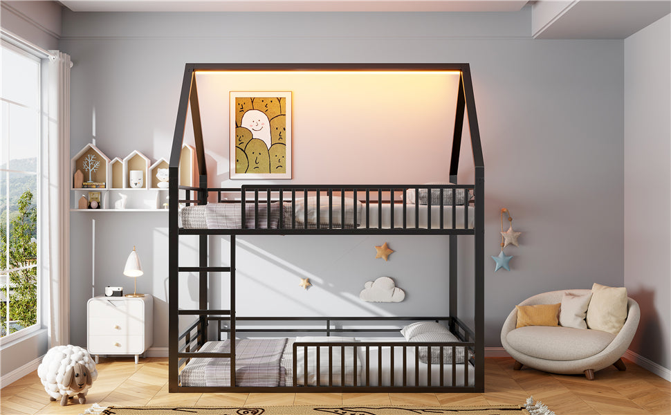Logidon House stapelbed 140x200 met hekwerk en LED-licht zwart