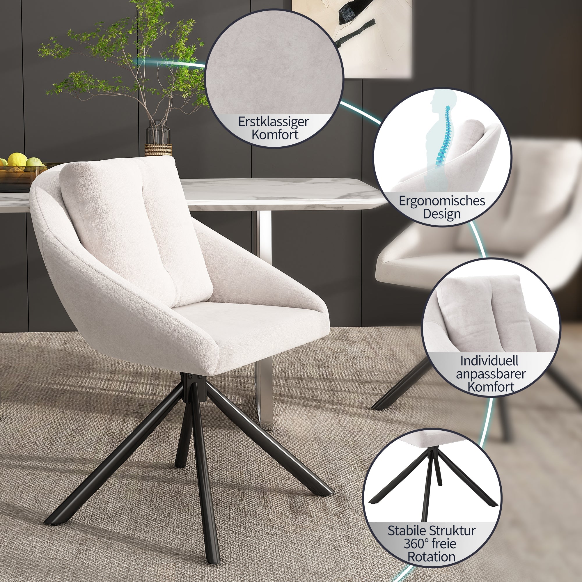 Logidon Modern Beige Velvet Swivel Chair Dining Table Chair Set of 2