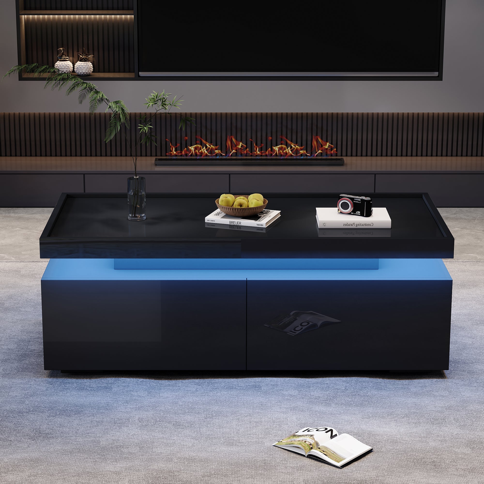Logidon hoogglans salontafel 95x45x35 cm met LED verlichting zwart
