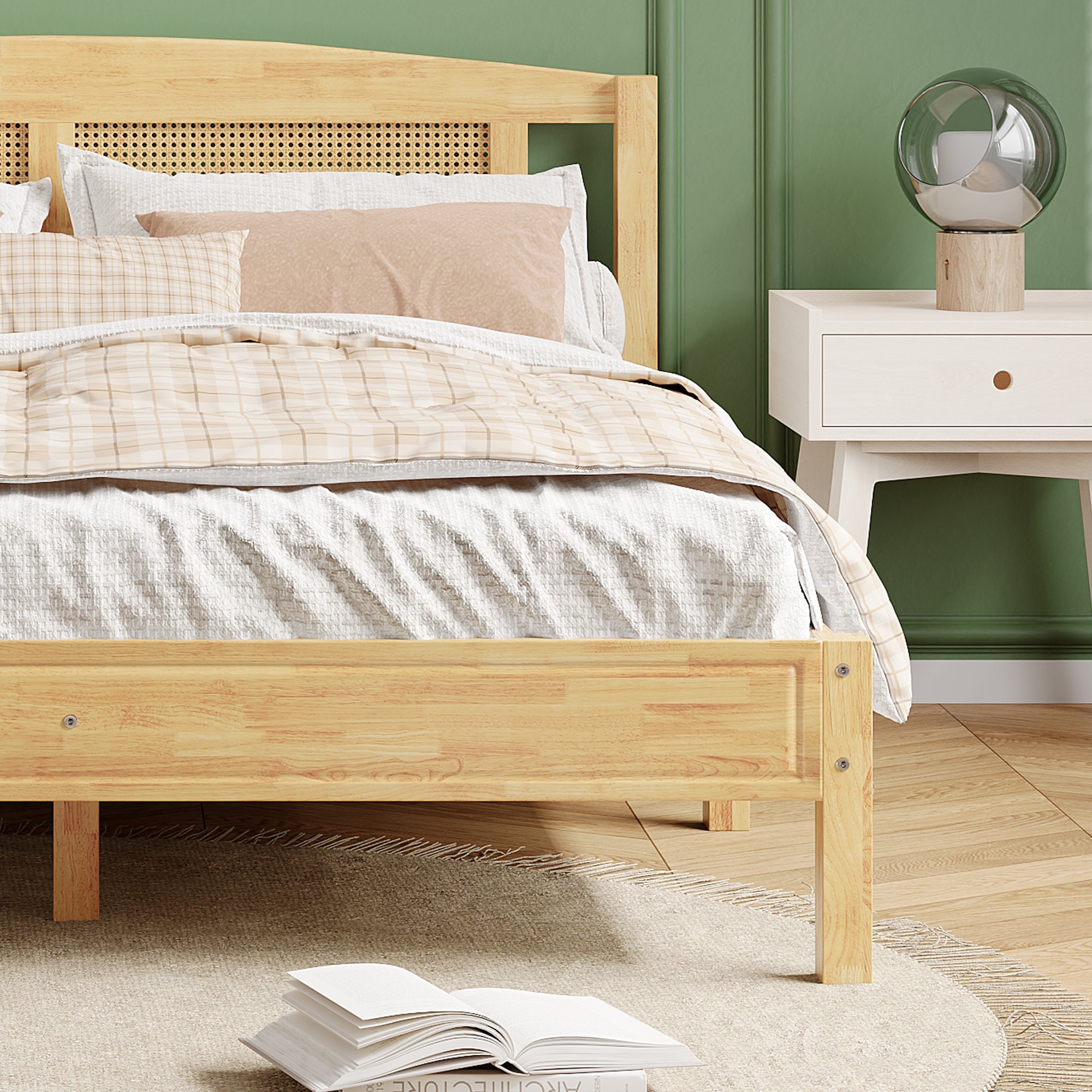 Logidon double bed 160x200 cm wood with natural rattan 15 slats