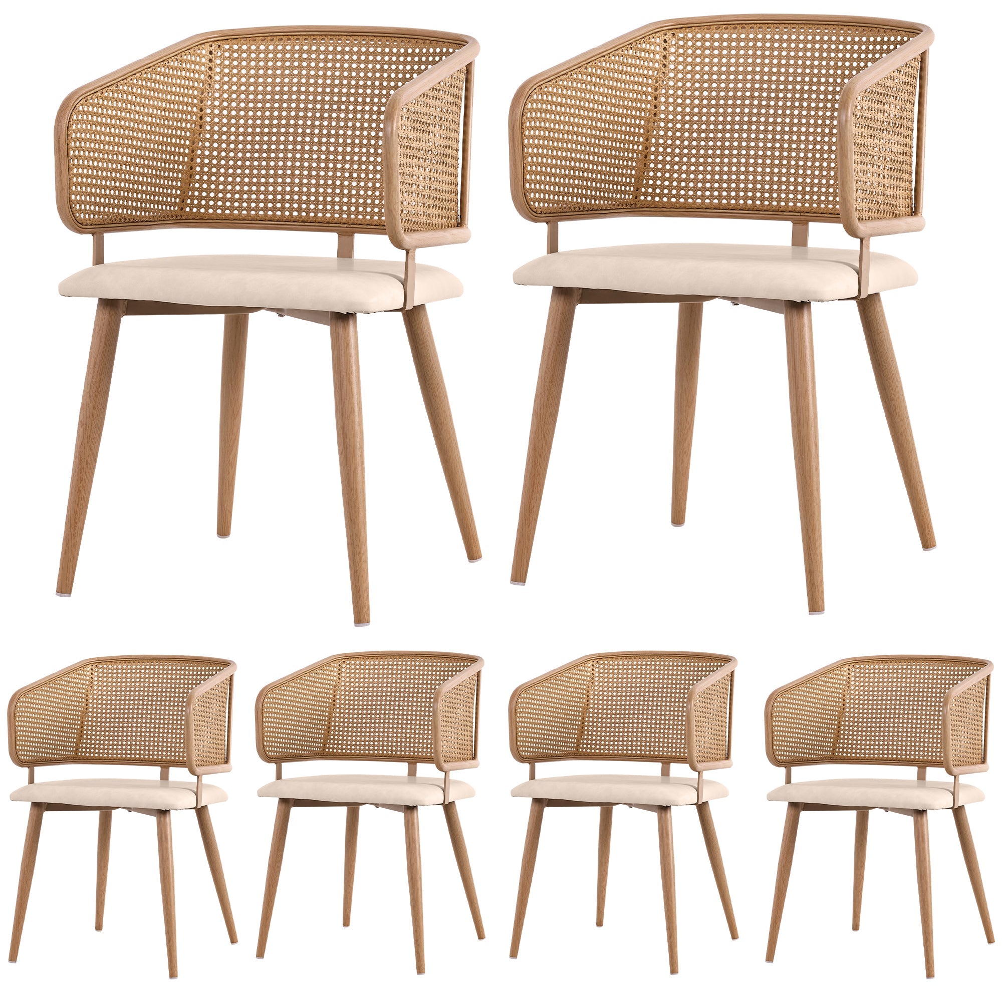 Logidon Chairs Set 6 Rattan Backrest PU Leather Seat Cushion Beige