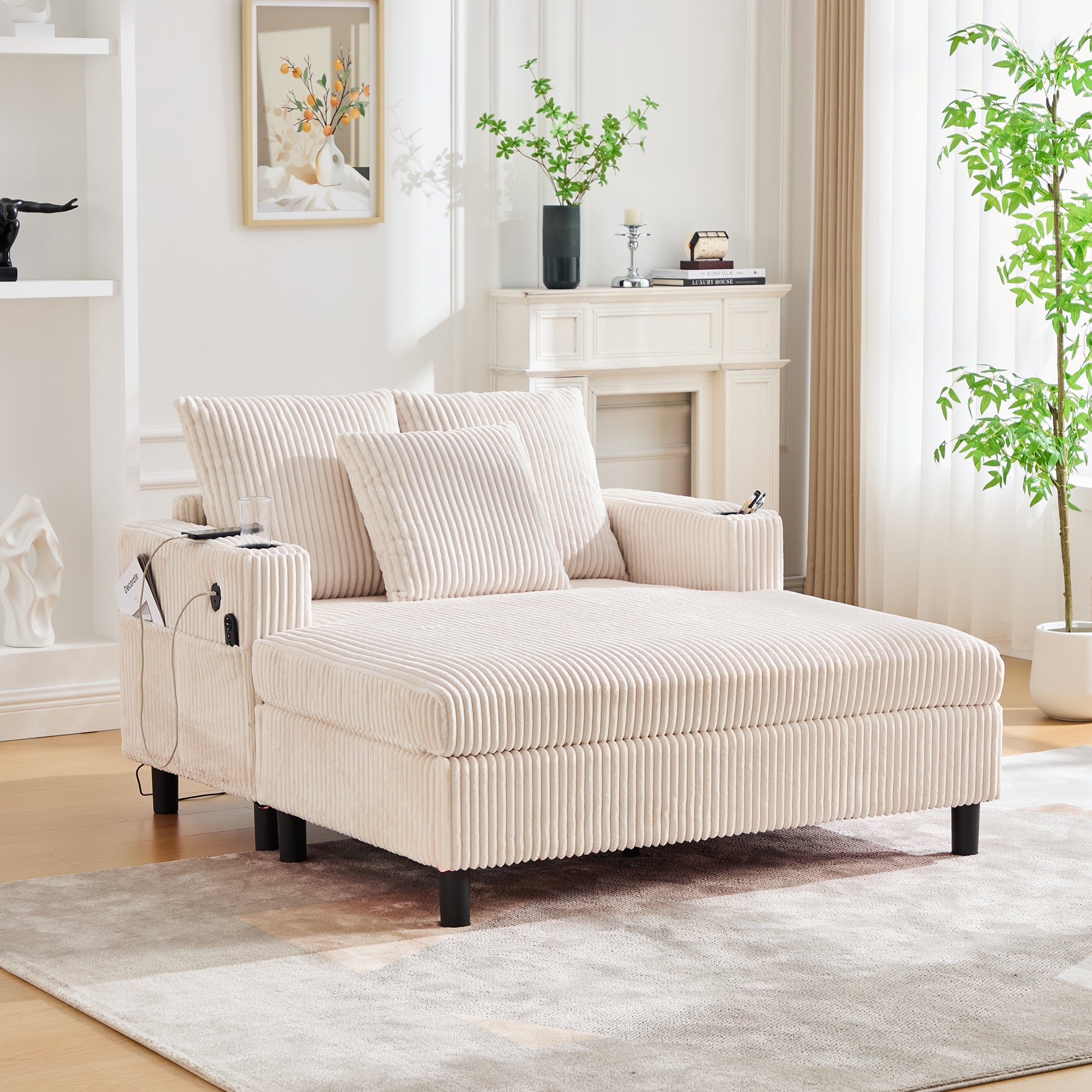 Logidon Chaise Longue Ligstoel Beige Fluweel Met USB LED-verlichting