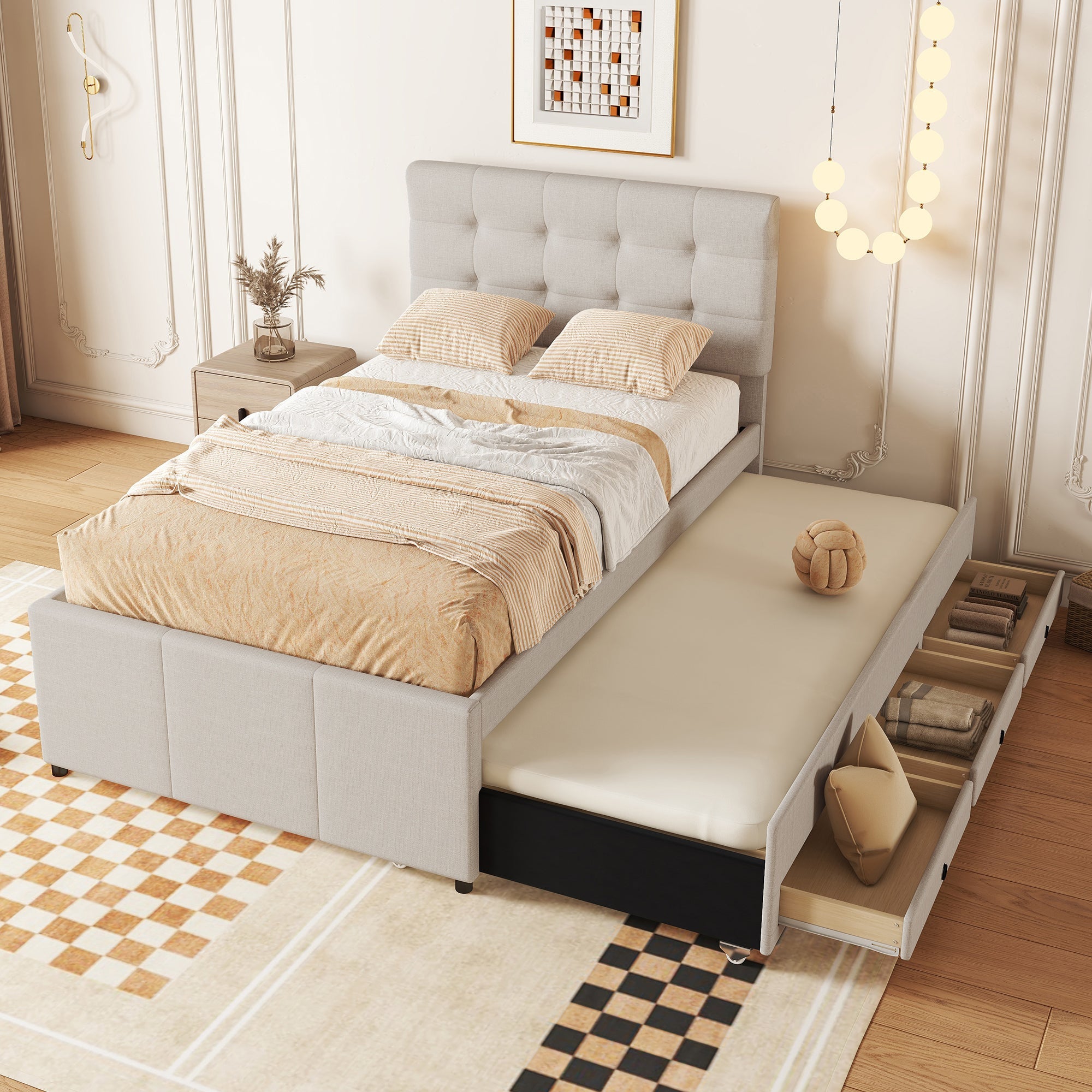 Logidon gestoffeerd bed 90x200 beige uitschuifbaar onderschuifbed 3 lades