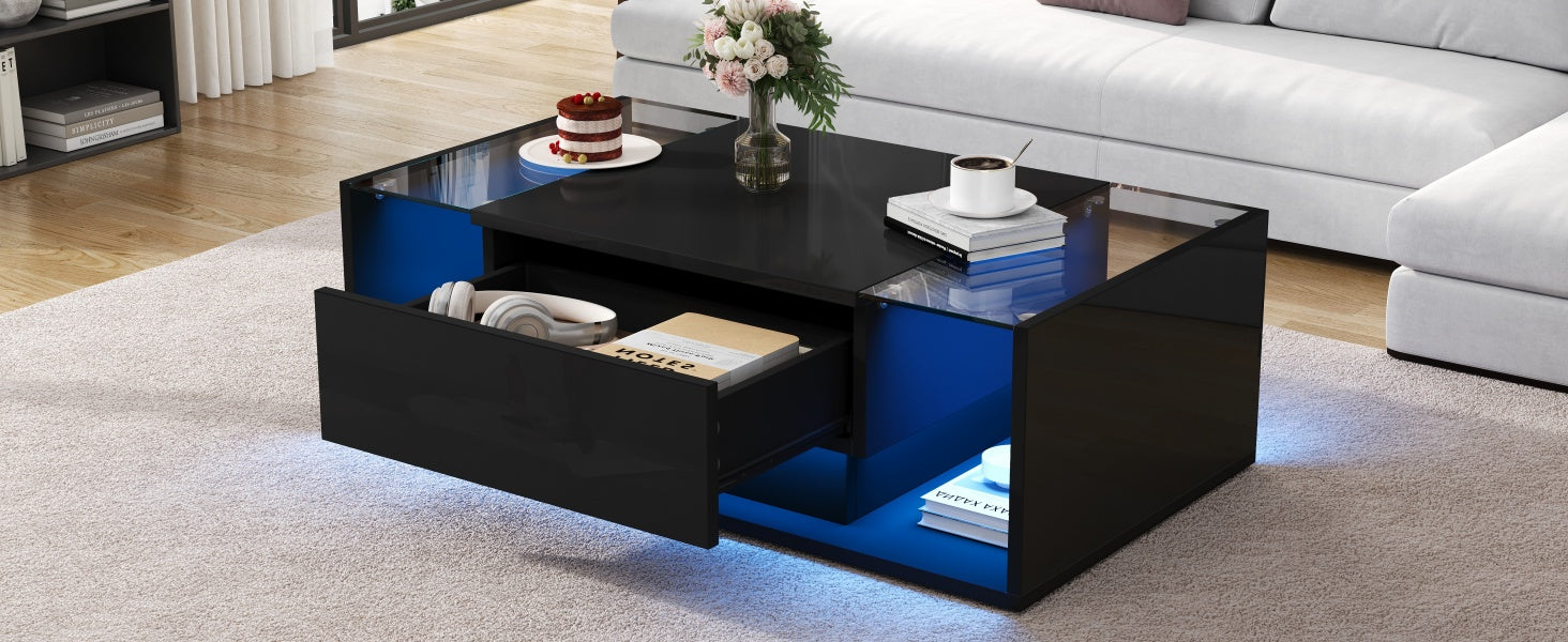 Logidon Zwarte hoogglans salontafel 100x50x31 cm met lade LED lichtstrip