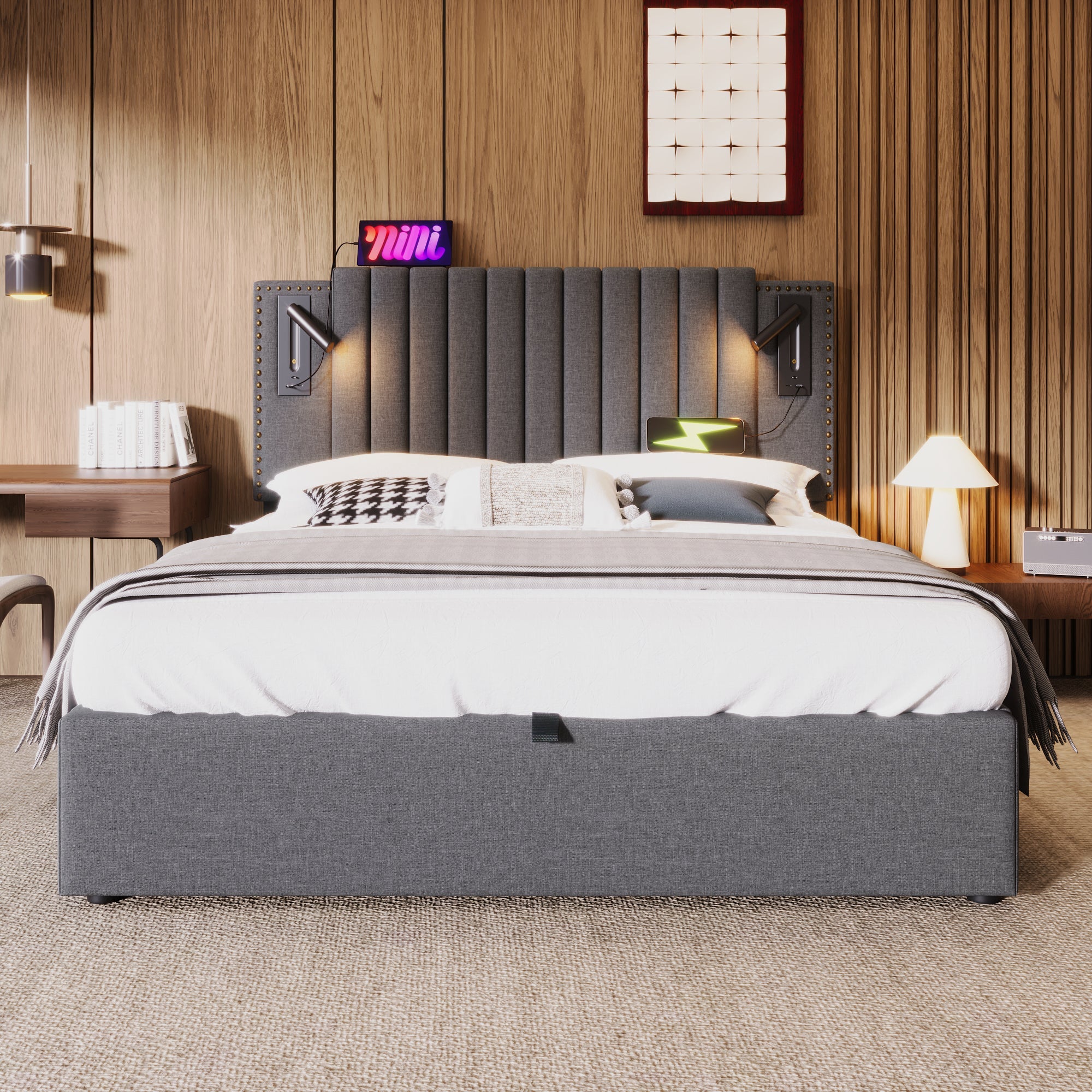 Logidon gestoffeerd bed 160x200 met opbergruimte bedbox LED-lampje USB opladen