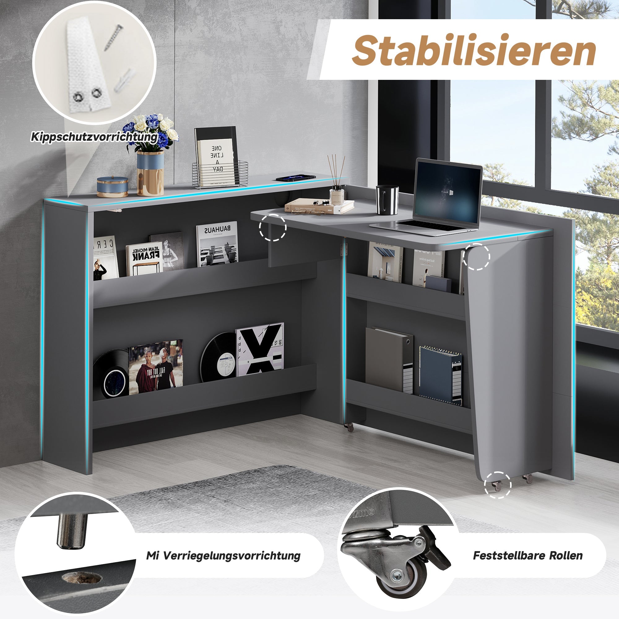 Logidon Opvouwbaar Bureau met Wielen en Draadloze Oplader 2in1 Grijs