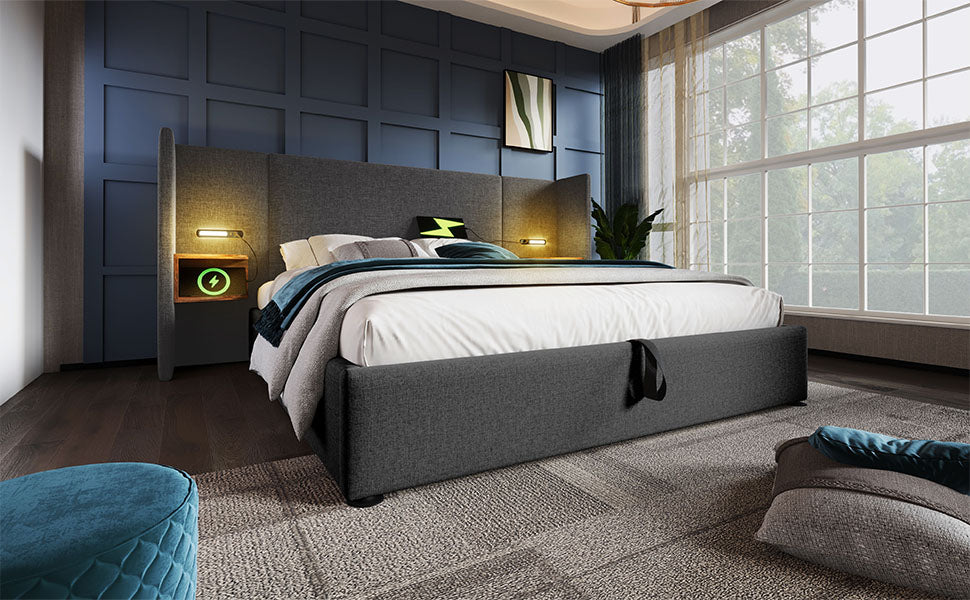 Logidon gestoffeerd bed tweepersoonsbed 160x200 grijs linnen nachtkastje opbergruimte