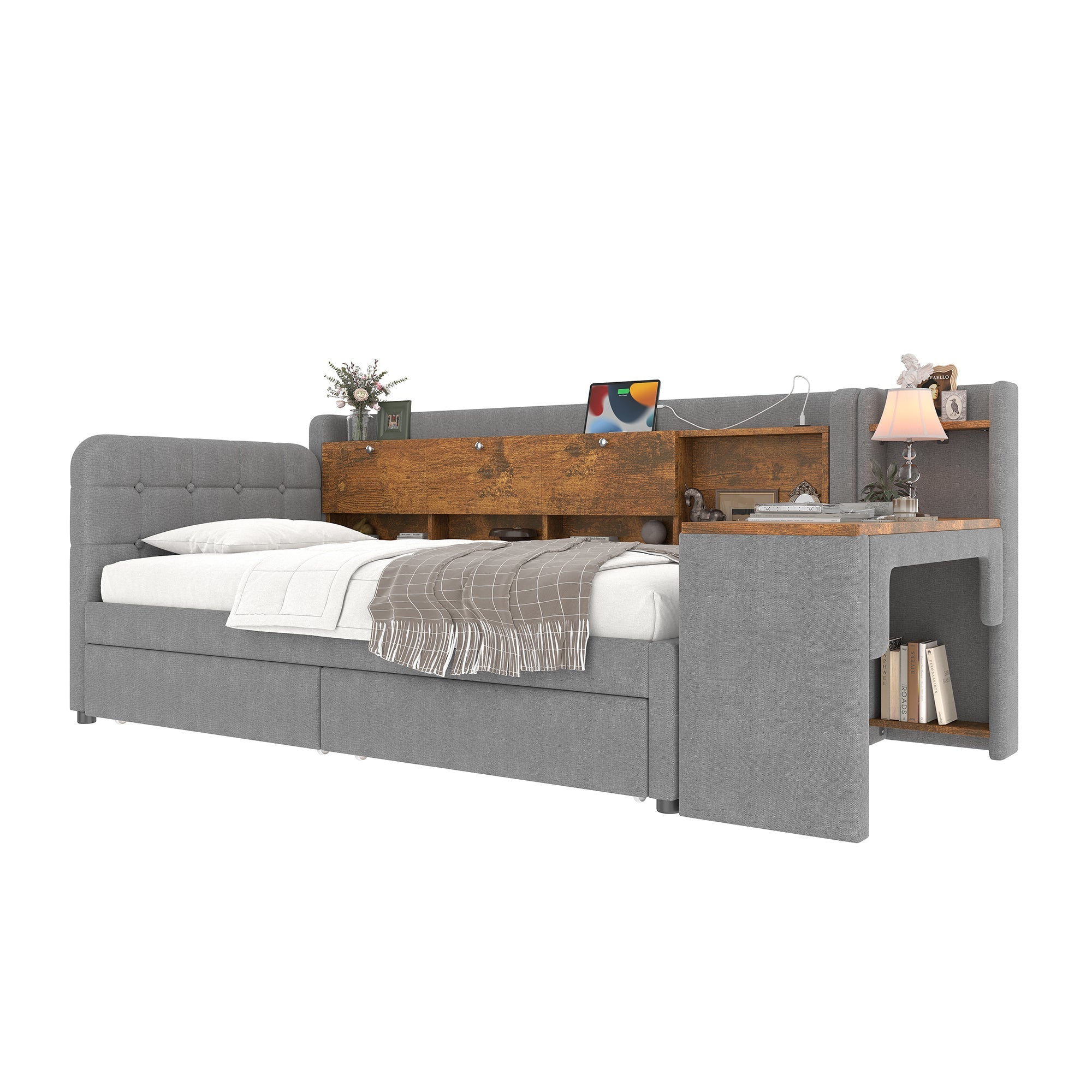 Logidon Daybed 90x200 cm slaapbank met bureau grijs USB Type C