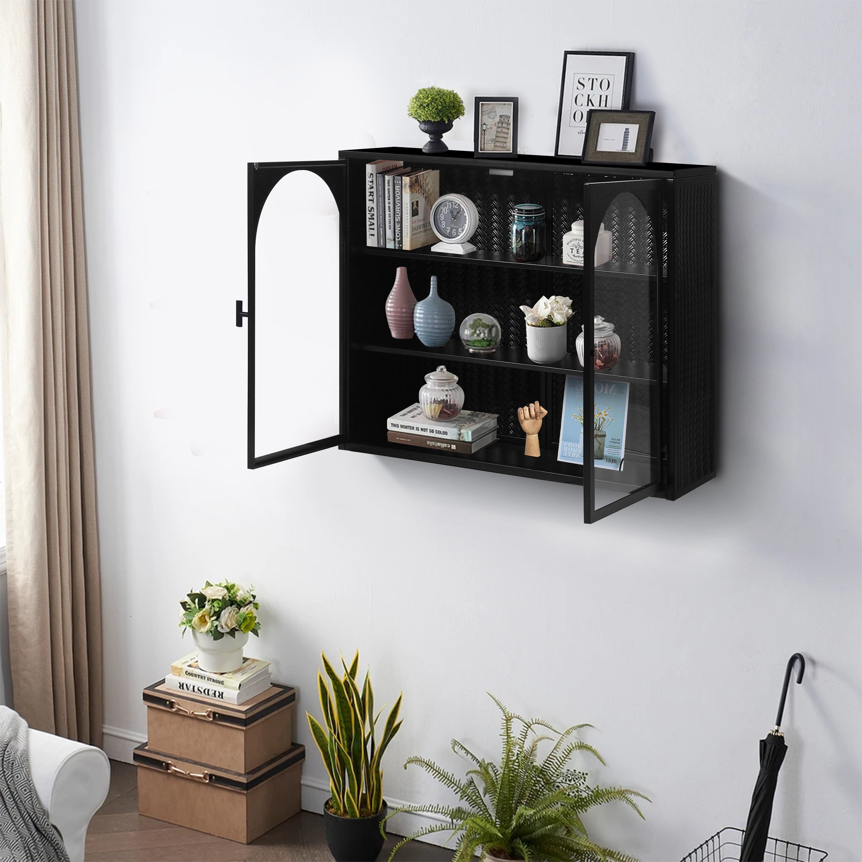 Logidon 70 cm glazen wandkast zwart met drie opbergniveaus