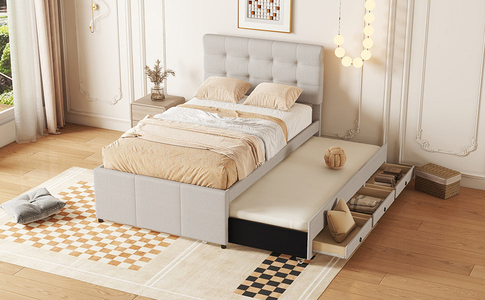 Logidon gestoffeerd bed 90x200 beige uitschuifbaar onderschuifbed 3 lades