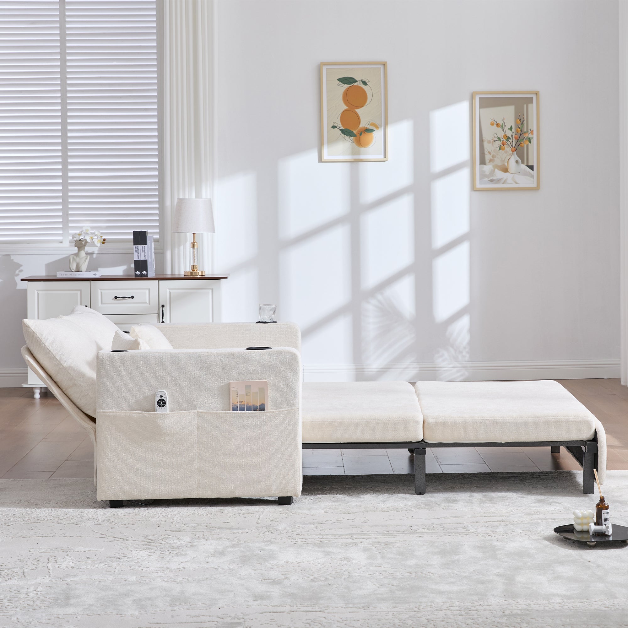 Logidon Beige Fluweel Multifunctionele Stoffen Bank Uitschuifbaar USB