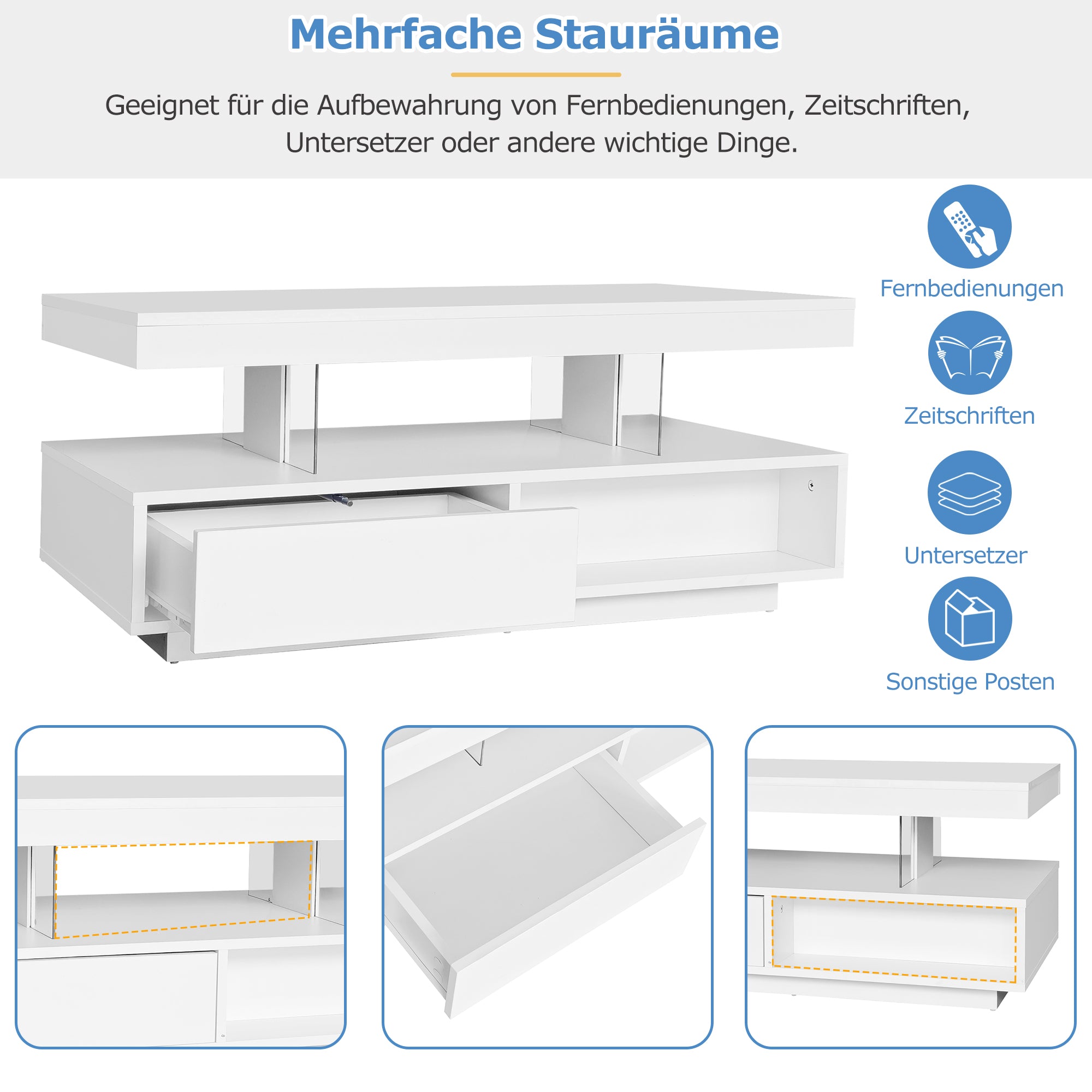 Logidon Witte Hoogglans Salontafel 95x50 cm Met Glazen Bladen