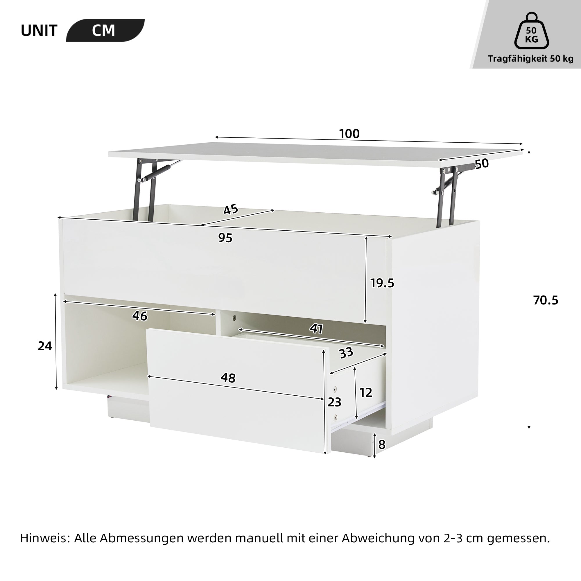 Logidon hoogglans hefsalontafel 100 x 50 cm witte LED-verlichting