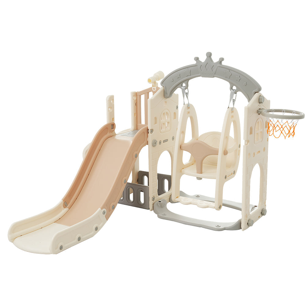 Logidon 5-in-1 kinderspeelset bruin antiek wit schommelglijbaan